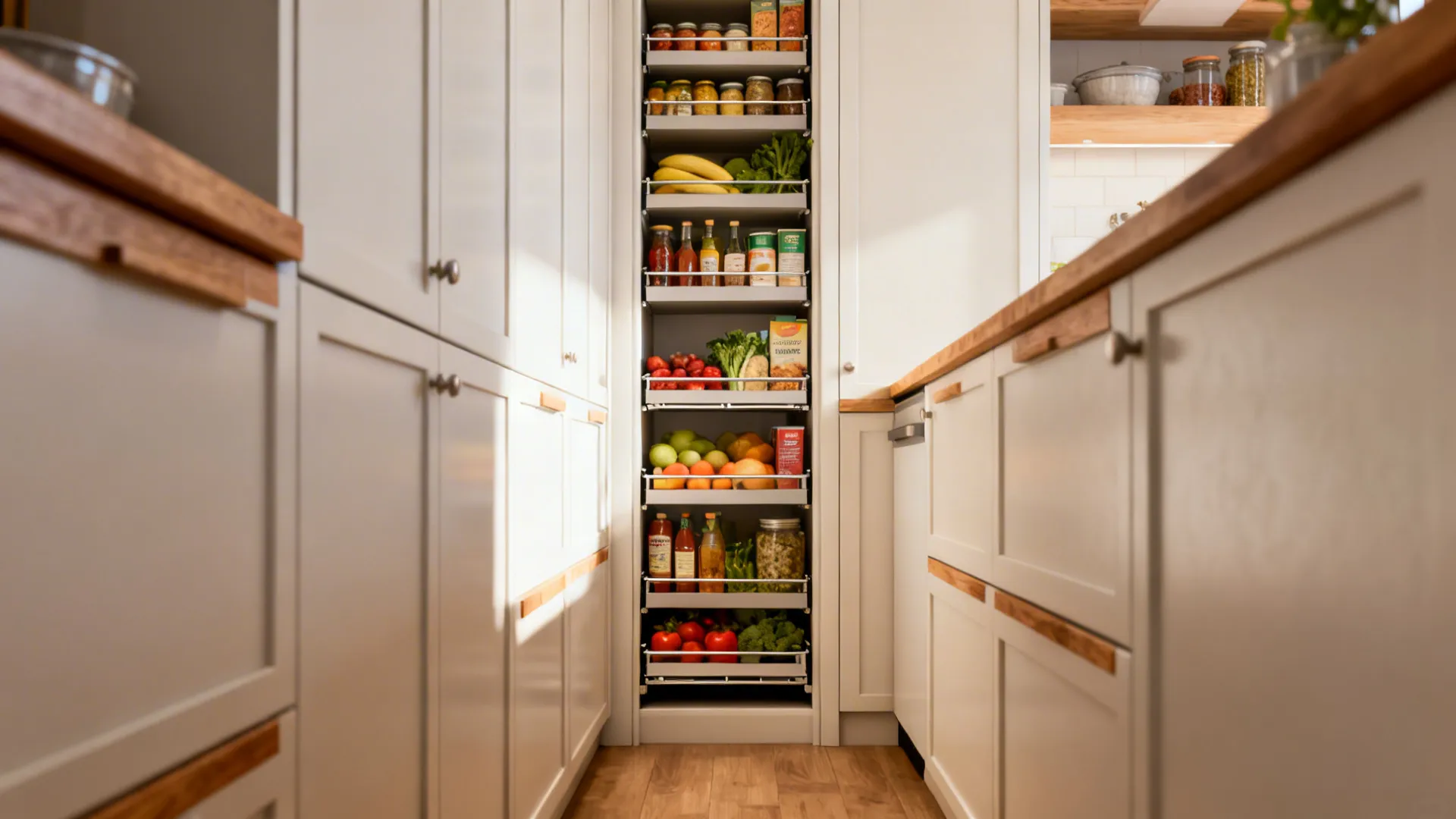Slim tall pantry cabinet with pull-out shelves making efficient use of vertical space.