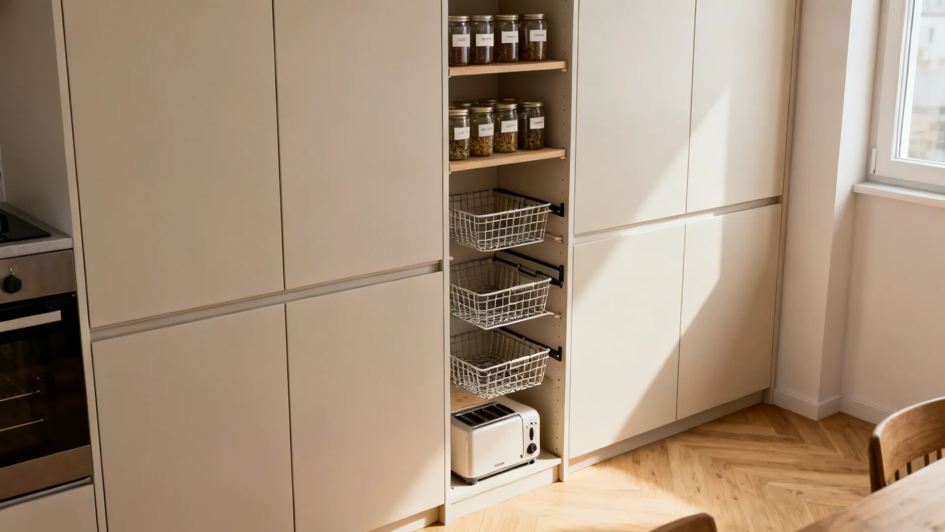 Shallow tall pantry with doors and open shelves adds slim, high-capacity storage.