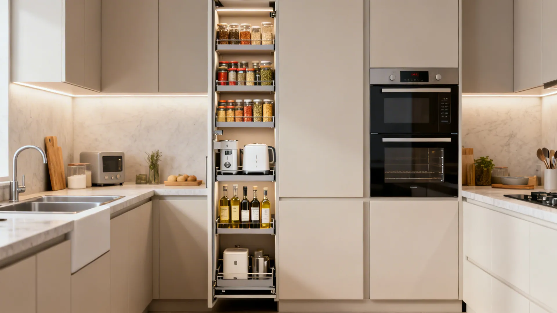 Slim pull-out pantry open to show spices and oils next to a slim appliance tower in a compact kitchen.