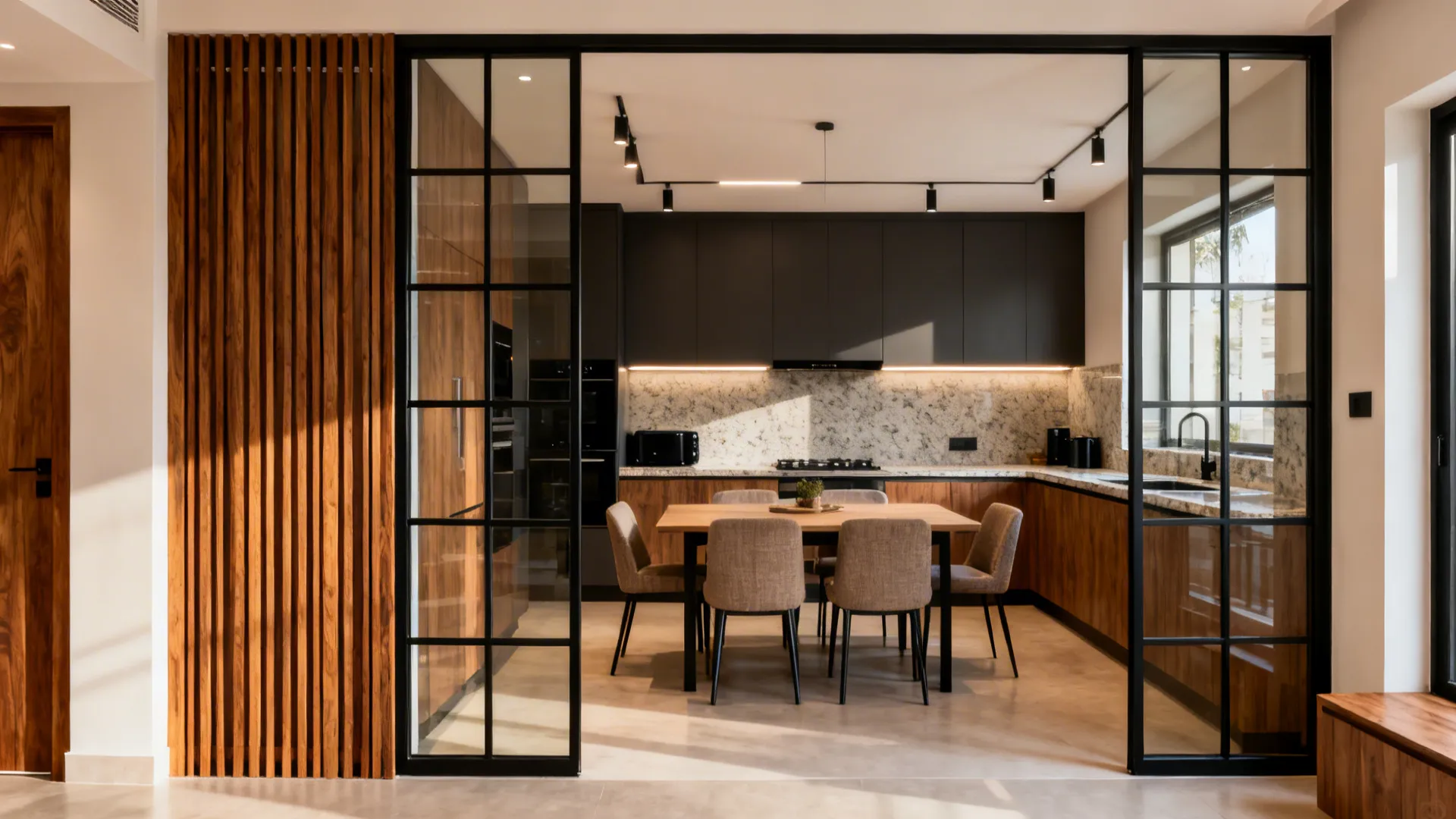Slim teak slat and steel-glass partition frames an open kitchen entrance with clear sightlines to dining.