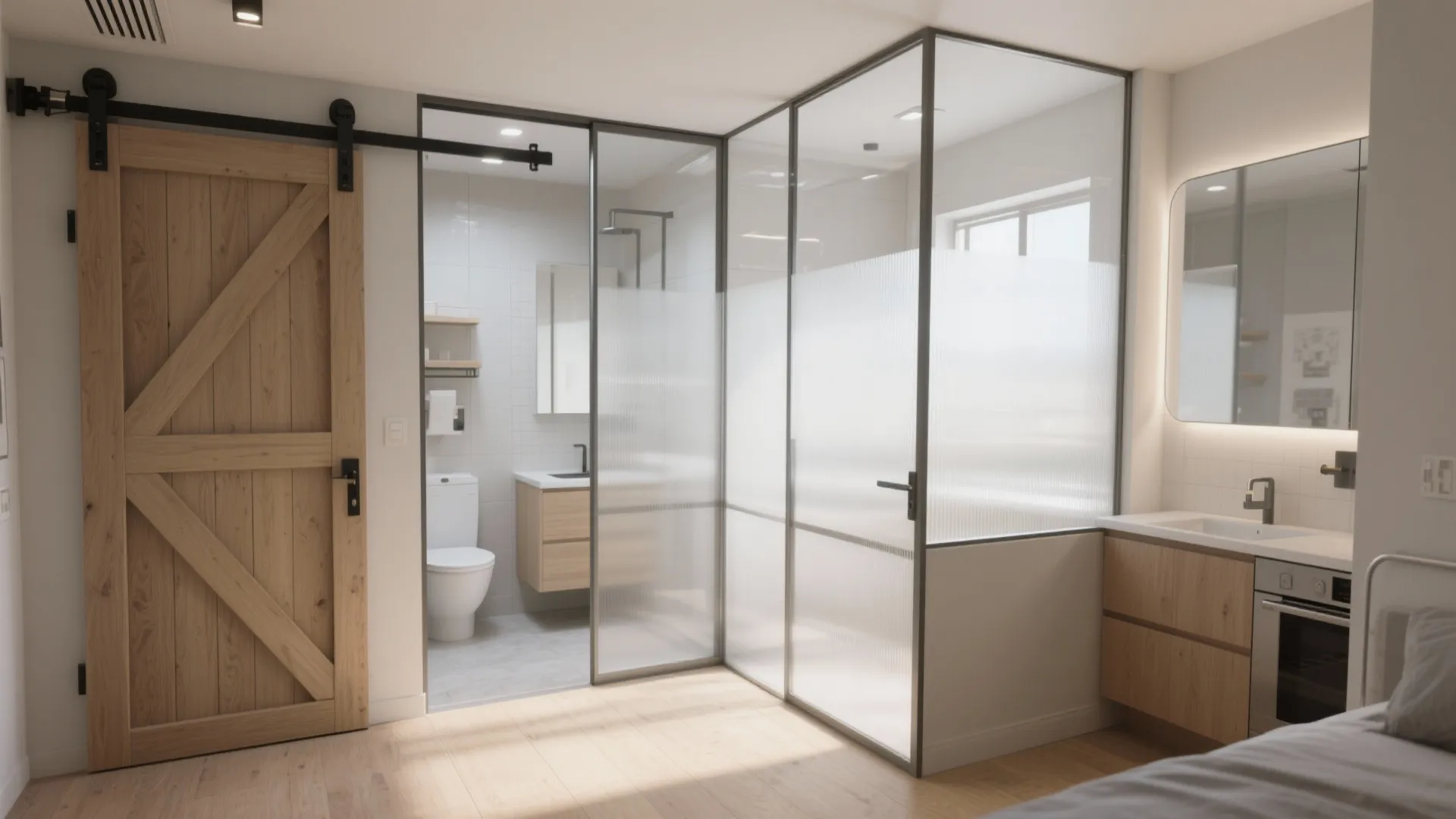 Modern bedroom with glass wall partition showing a small bathroom with wood cabinet and toilet
