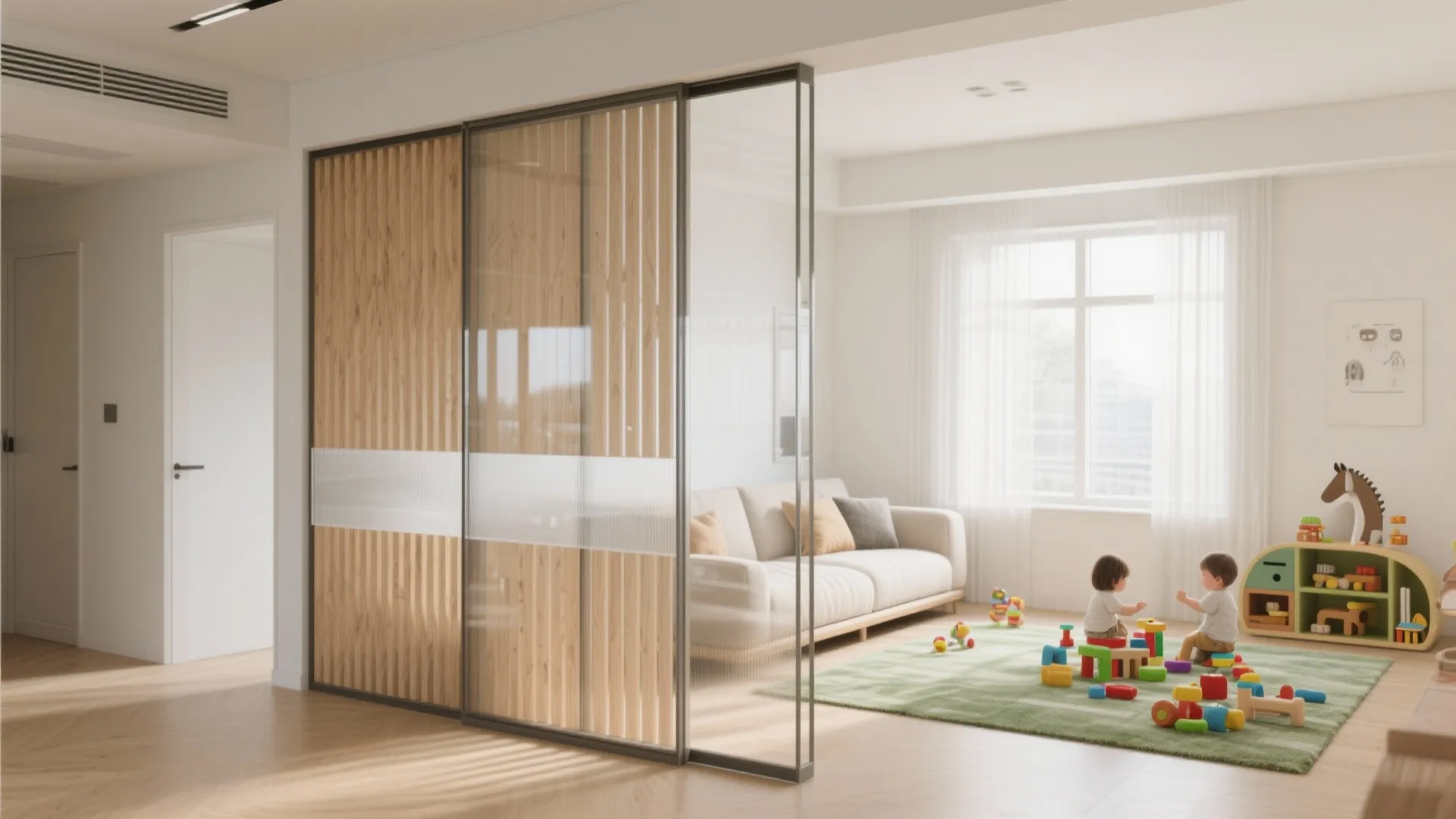 Sliding glass and wood doors separating a bright living room where children play with blocks