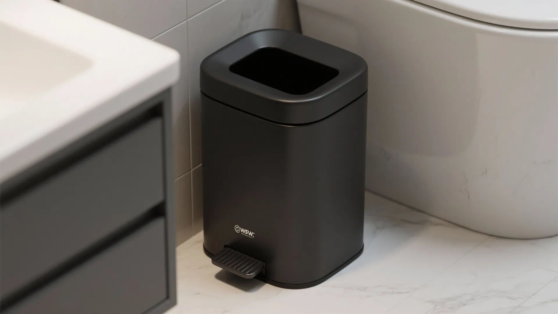 1. Slim pedal can tucked by the vanity