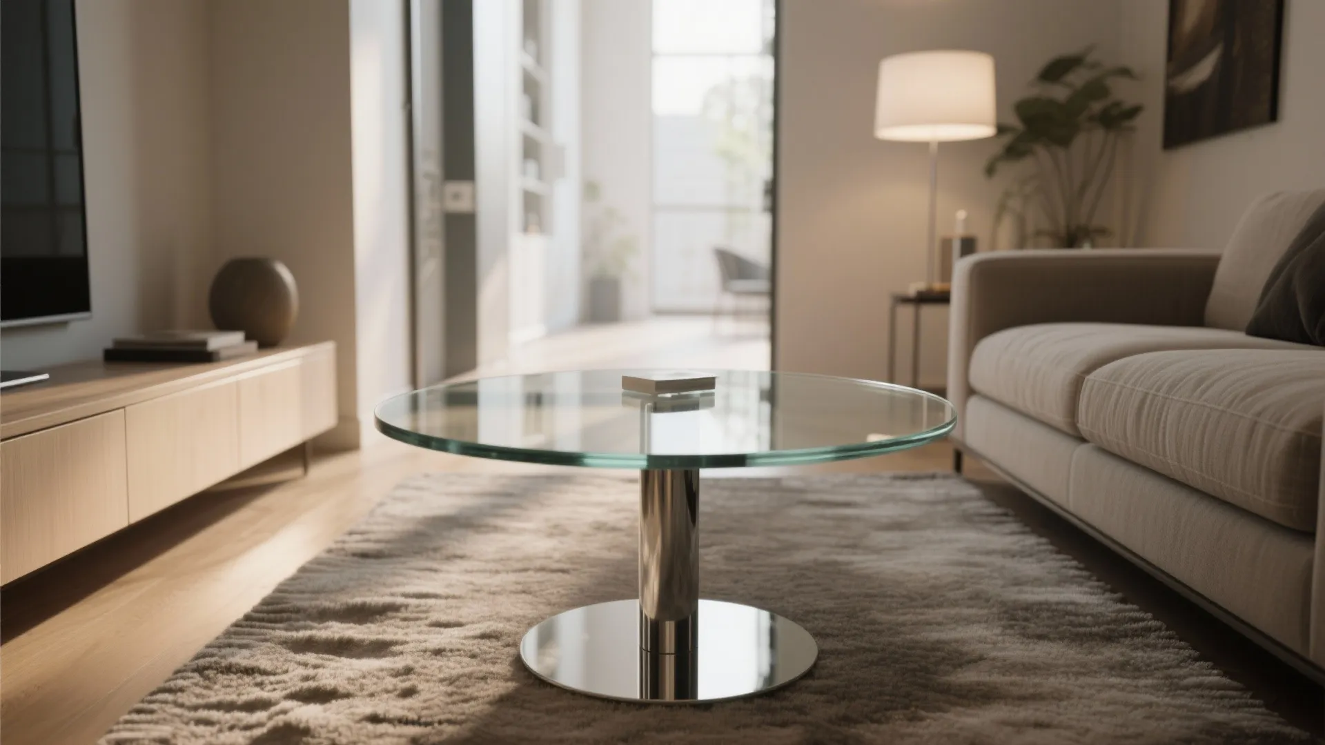 Round glass coffee table with metal base in a bright living room on a fuzzy rug