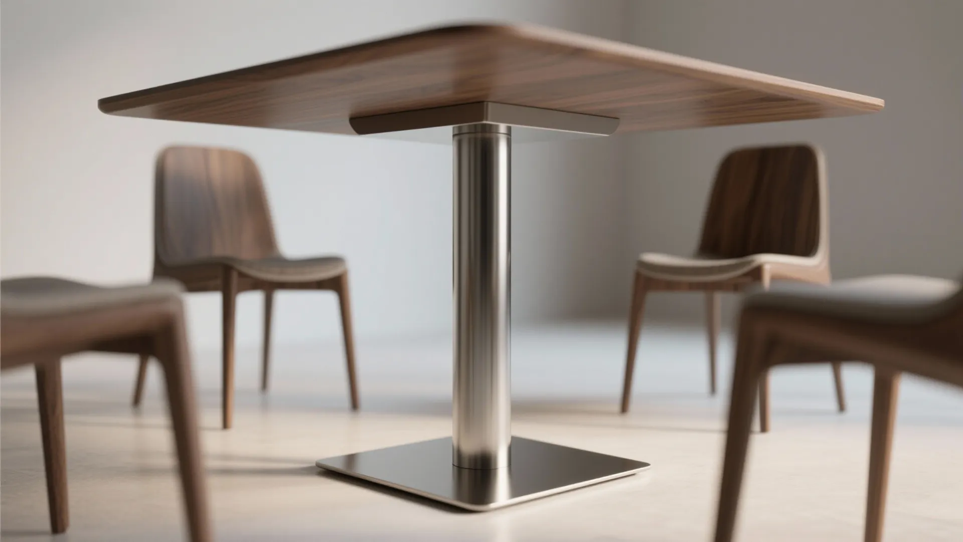 Modern wood dining table with a slim metal pedestal base and matching wooden chairs around it