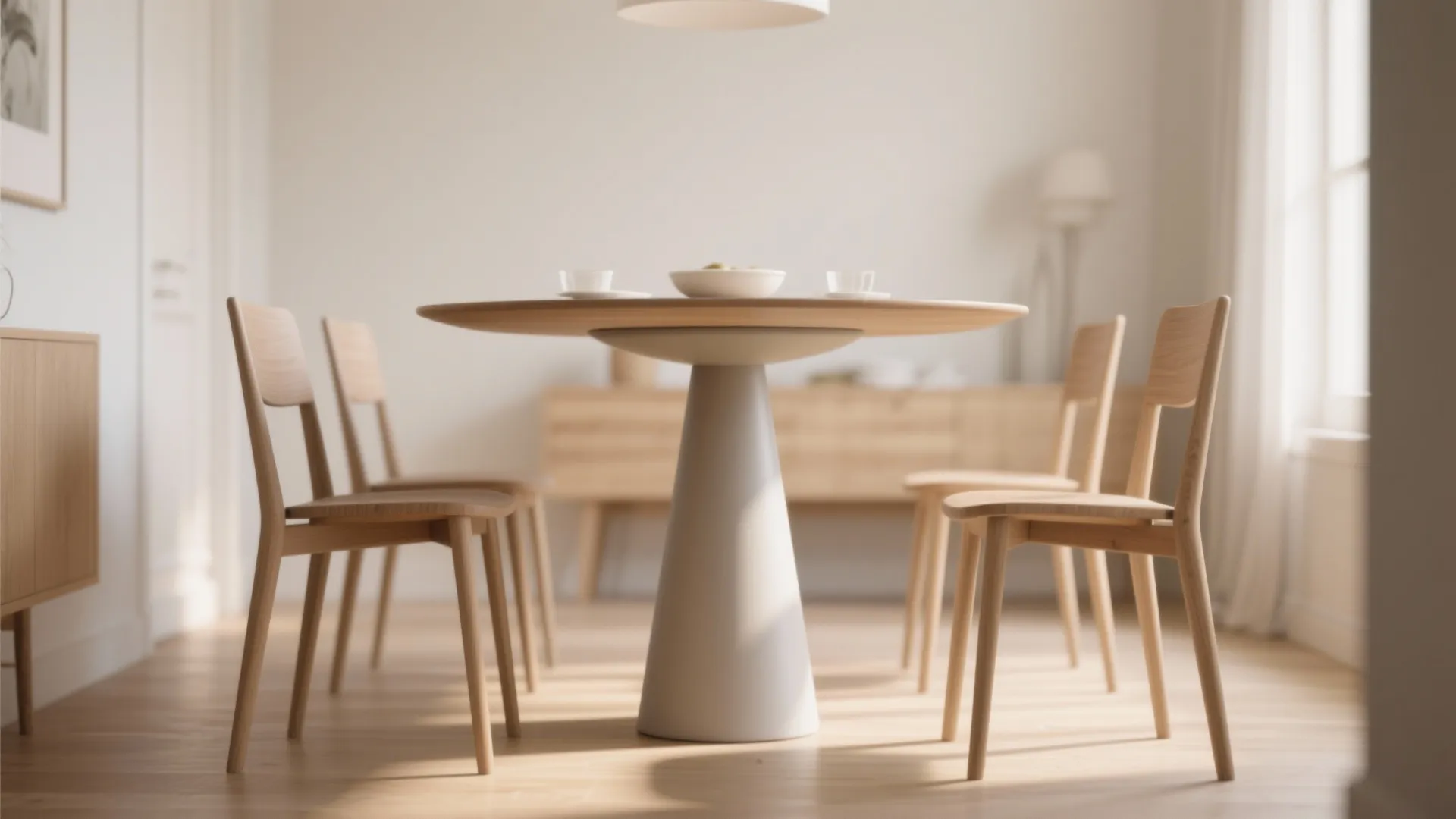 Slim pedestal rectangular table in a small dining area showing central base and tucked chairs