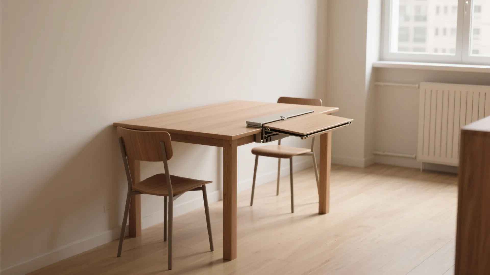Rectangular wooden dining table with extension leaf shown next to two chairs in bright room