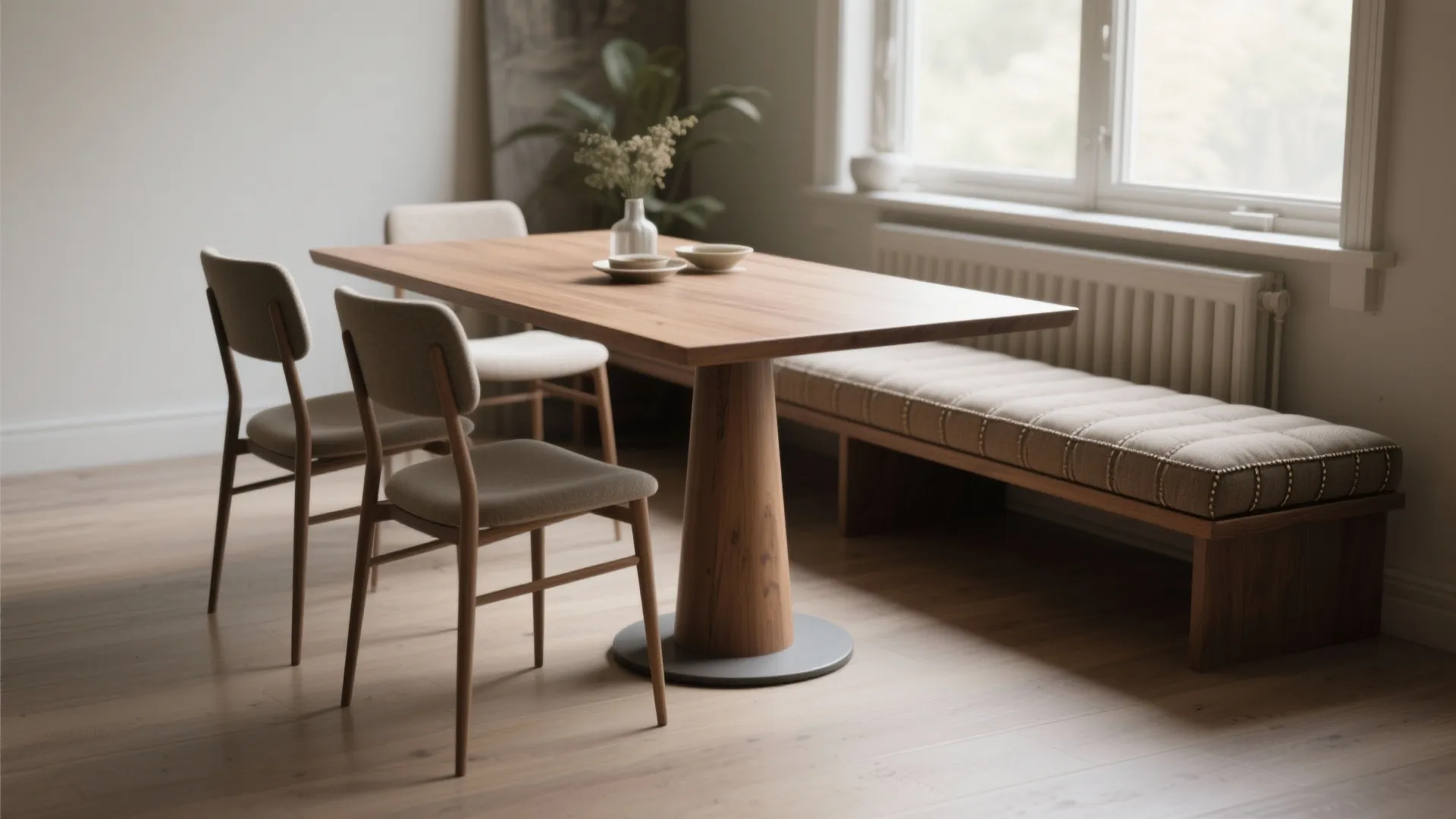Modern wooden dining table with simple chairs and soft bench seat in bright natural room