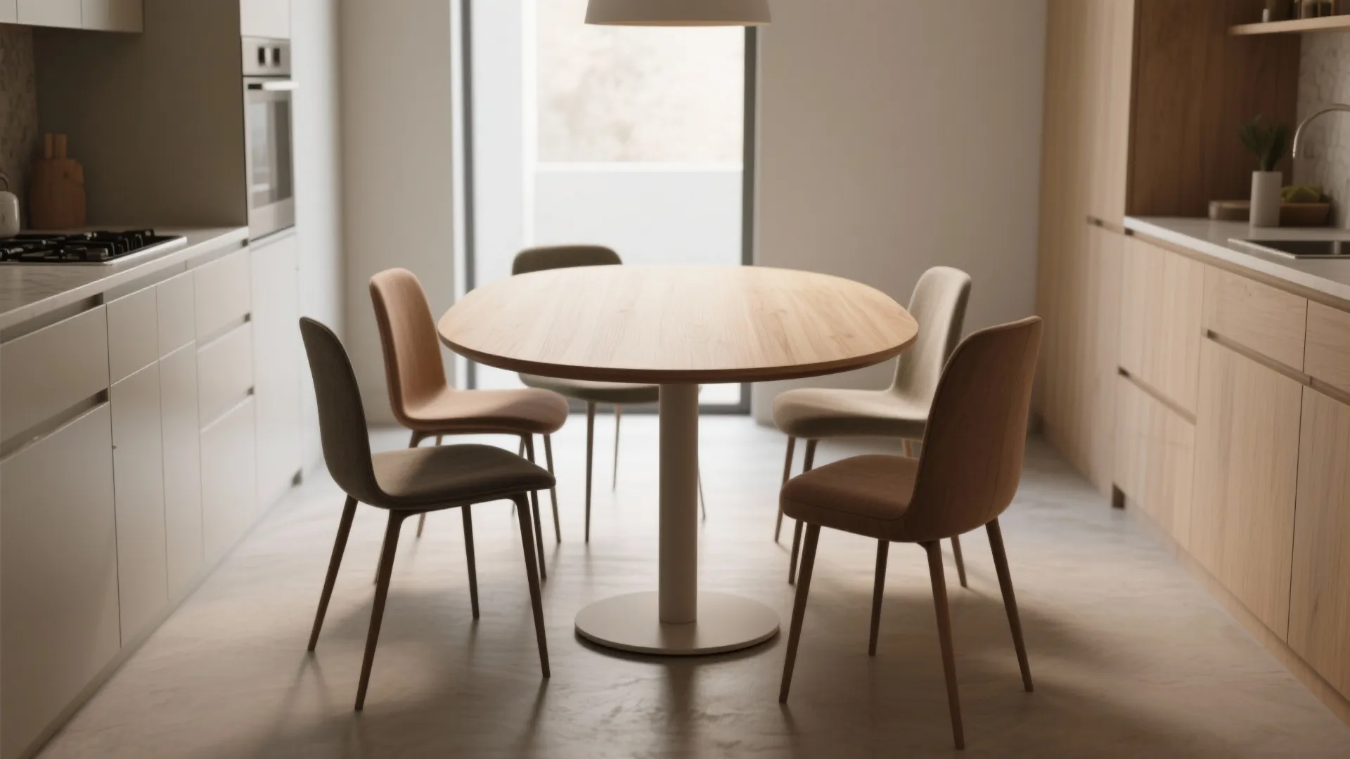 Modern wooden round dining table with four minimalist chairs in a bright clean kitchen area