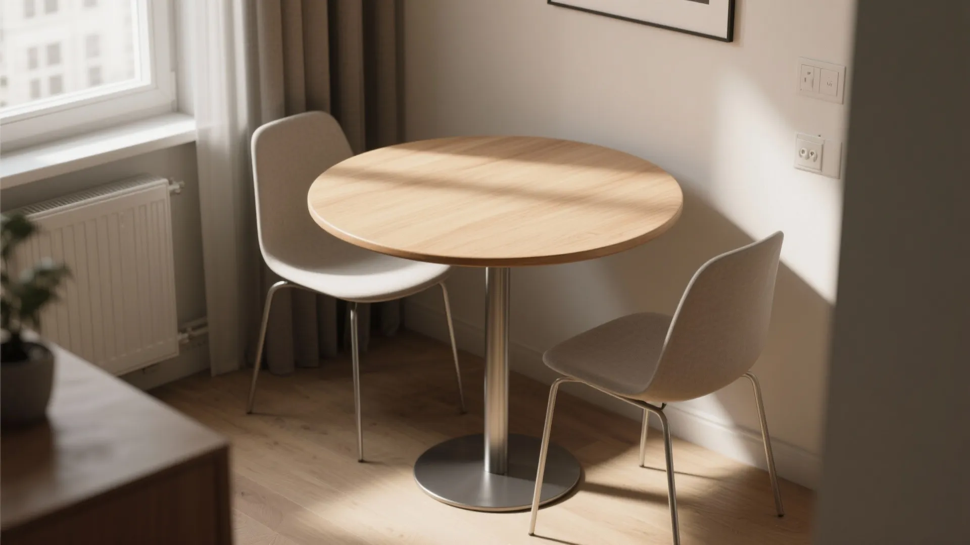Small dining corner with a slim pedestal round table and two slim chairs, highlighting open knee space.