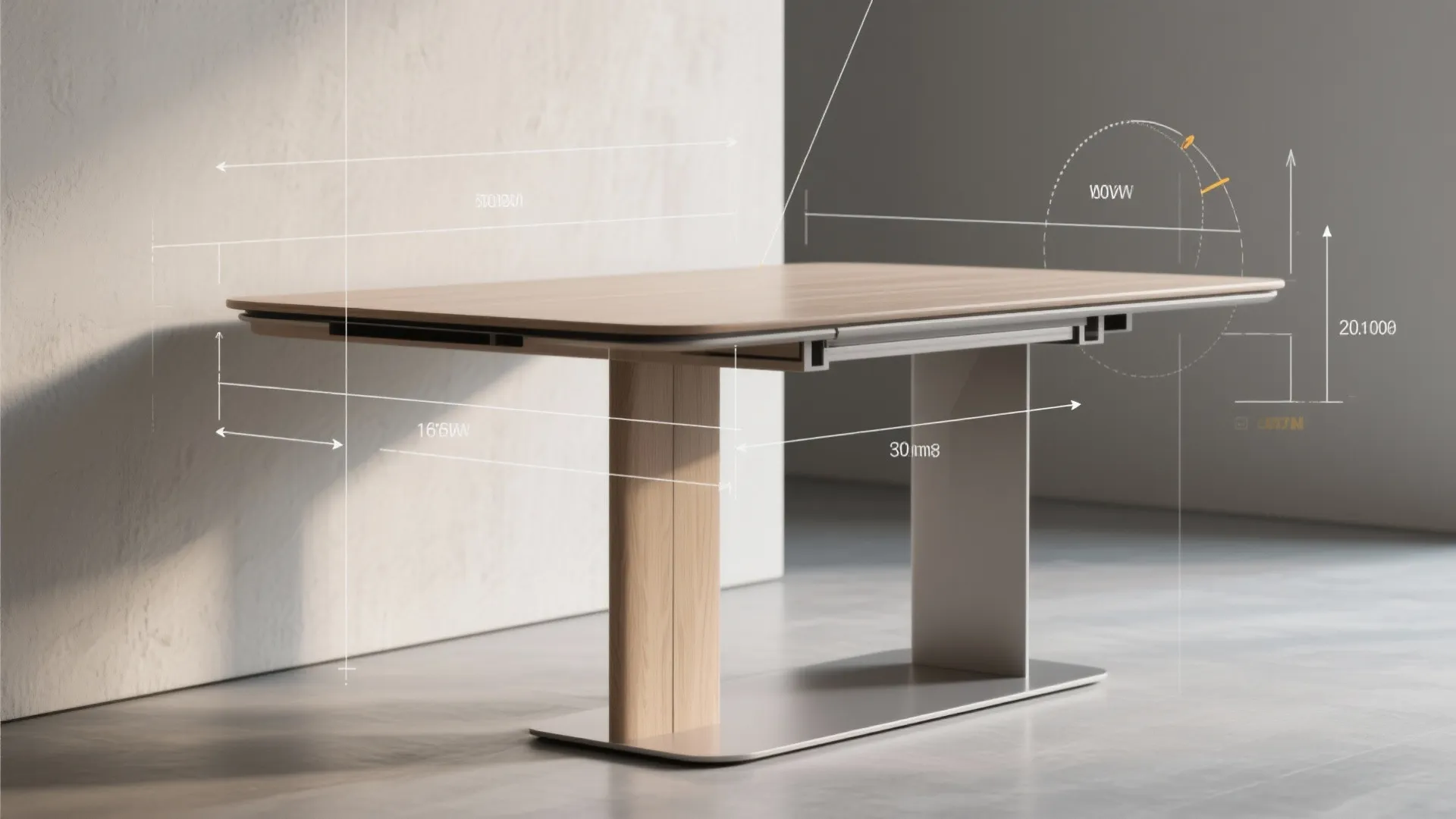 Slim pedestal extendable table with subtle 3D planning overlays showing swing radius and clearances.