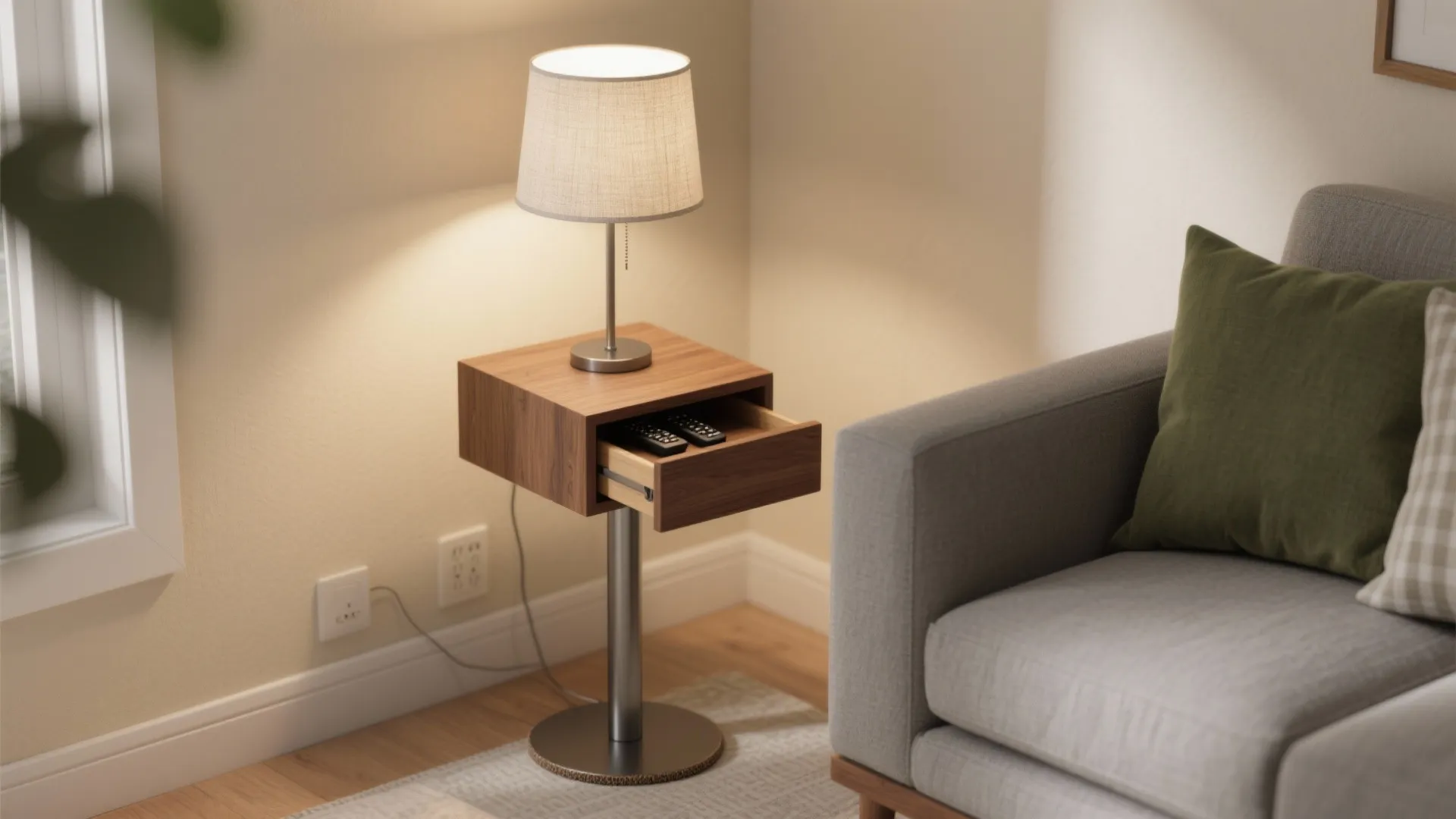 Modern wood side table with open drawer holding remotes next to a grey fabric sofa
