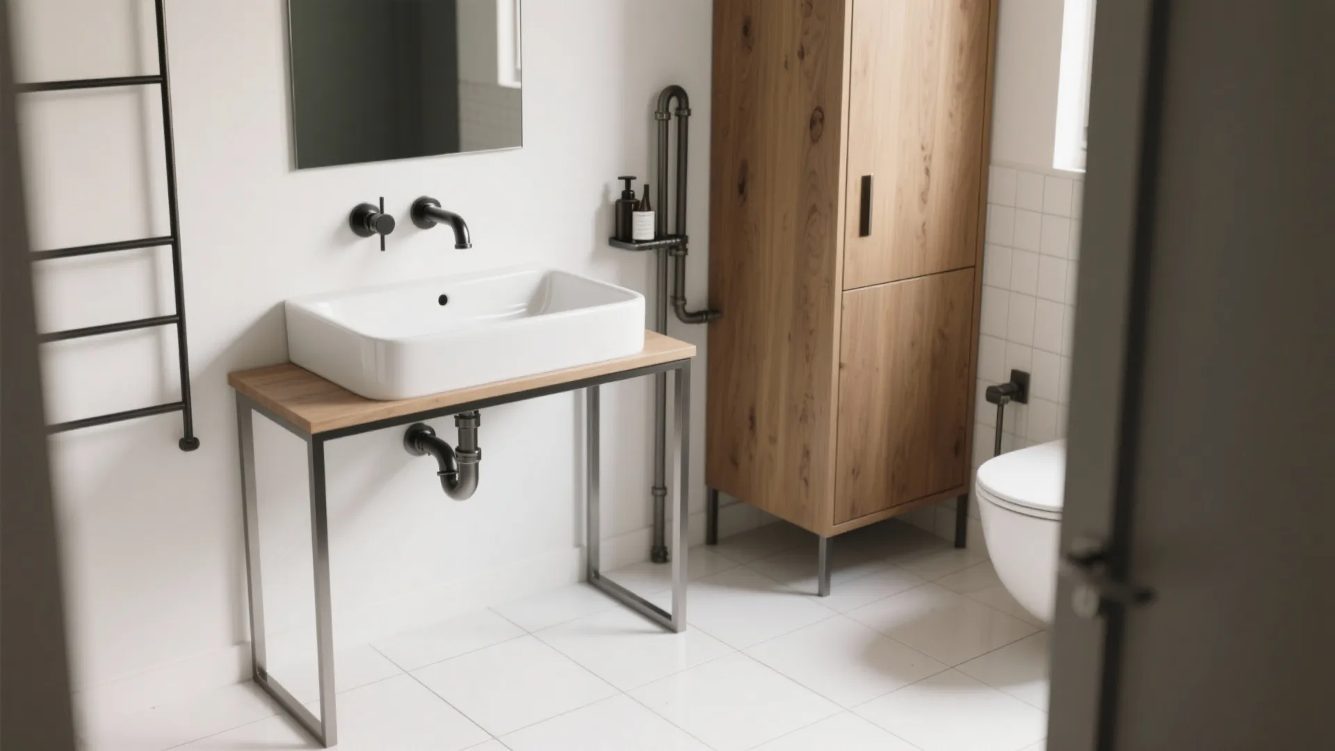 Modern bathroom with white sink on wood table black faucet wooden cabinet and white toilet