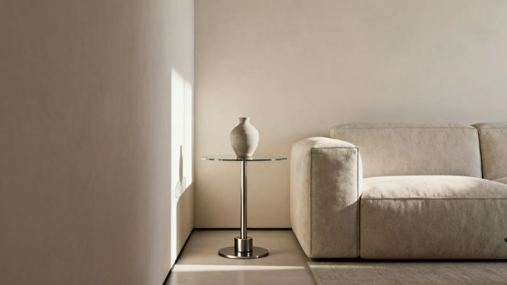 Slim pedestal glass end table fitted into a narrow gap between sofa and wall with a weighted metal base.