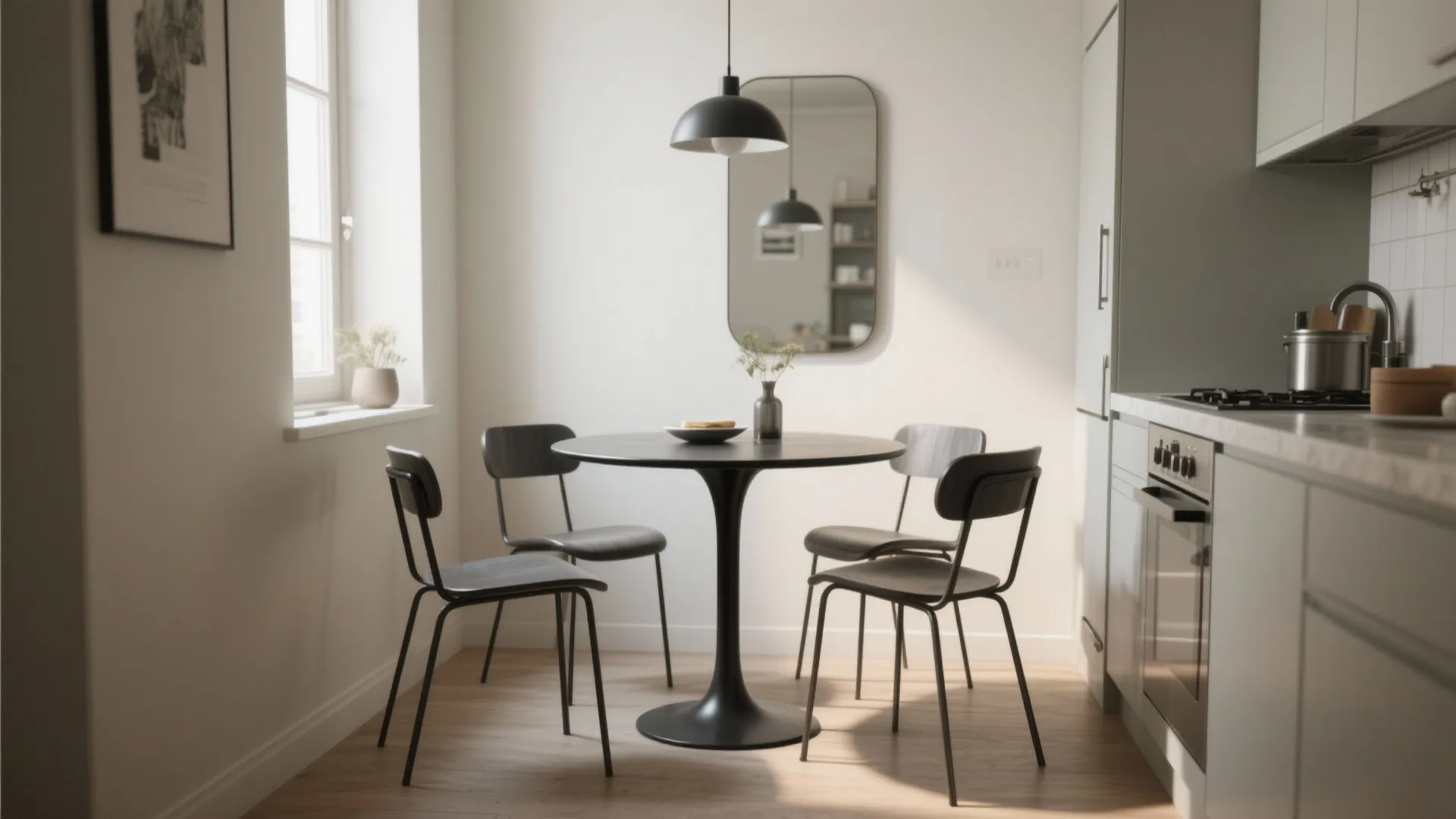1. Slim pedestal table for tight kitchens