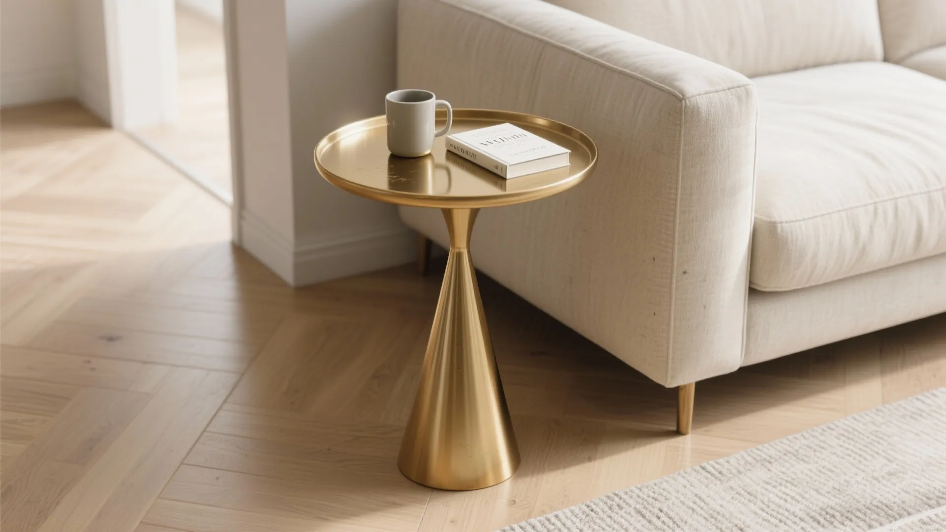 1) Slim pedestal table by the sofa arm