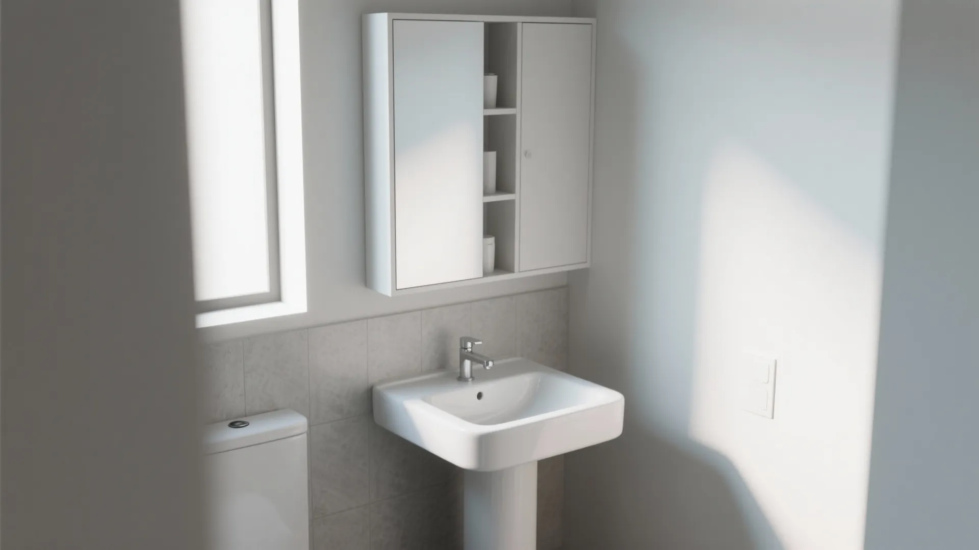 Minimalist bathroom with a white sink grey wall tiles white cabinet and natural sunlight window