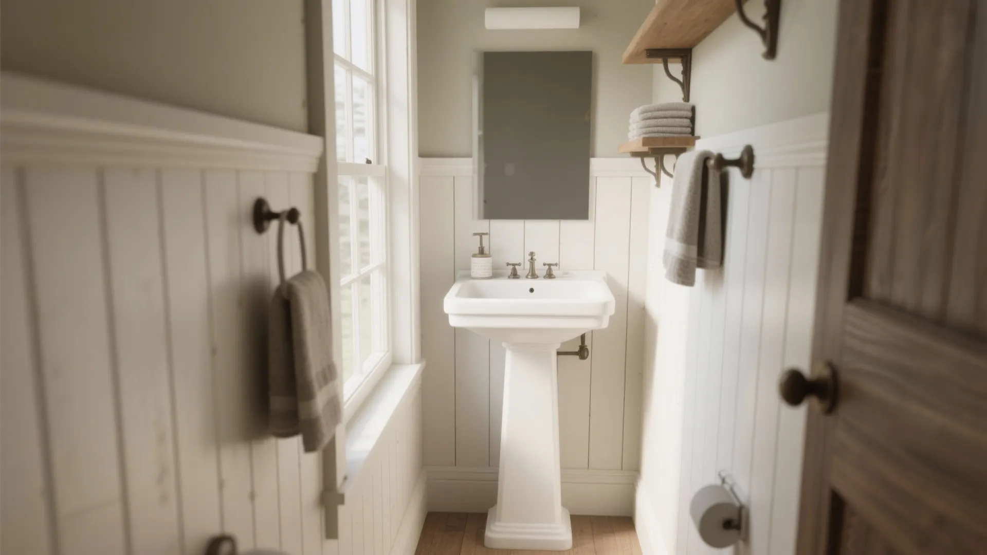 White pedestal sink in a small bathroom with white wall panels wooden shelves and light
