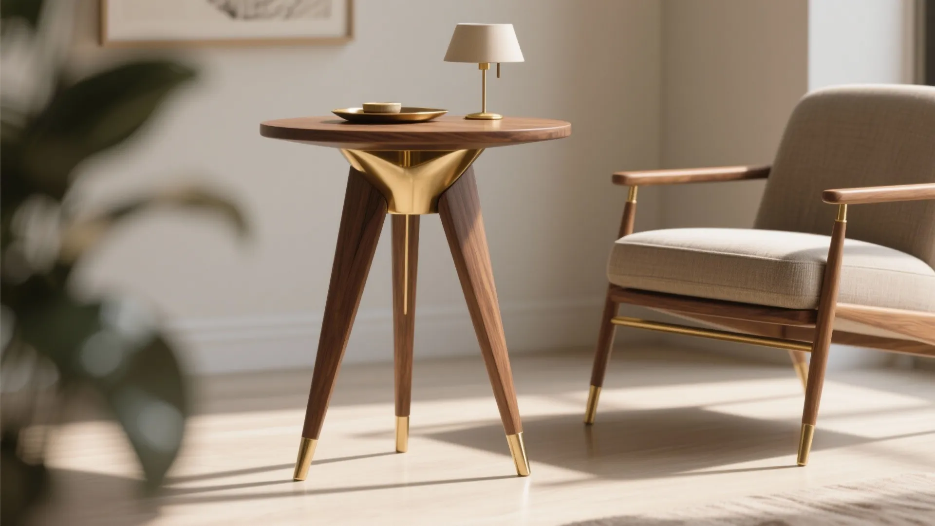 Close-up of a slim tripod pedestal table with brass legs and oak top styled beside an accent chair.