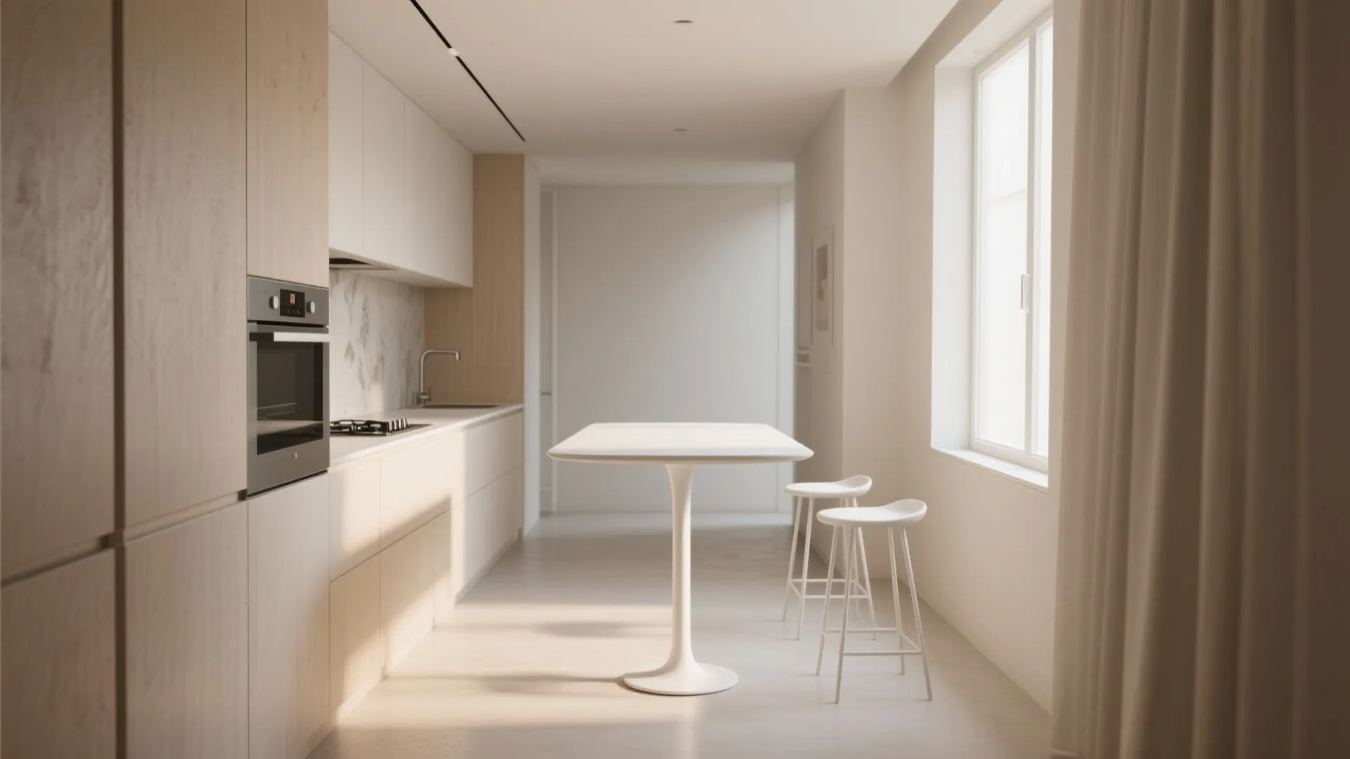 Modern minimal kitchen with white small dining table two bar stools and natural window light