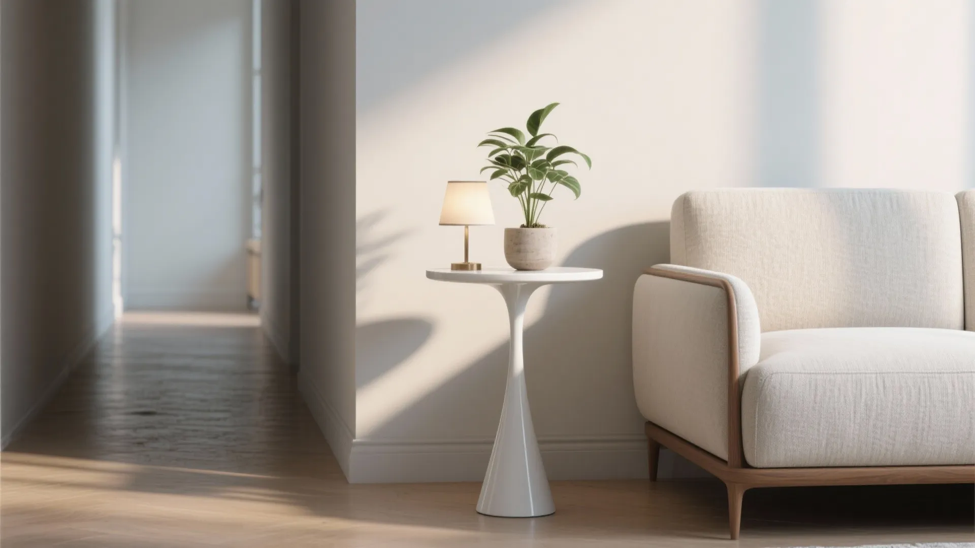 White pedestal side table with small lamp and green plant next to a comfortable sofa