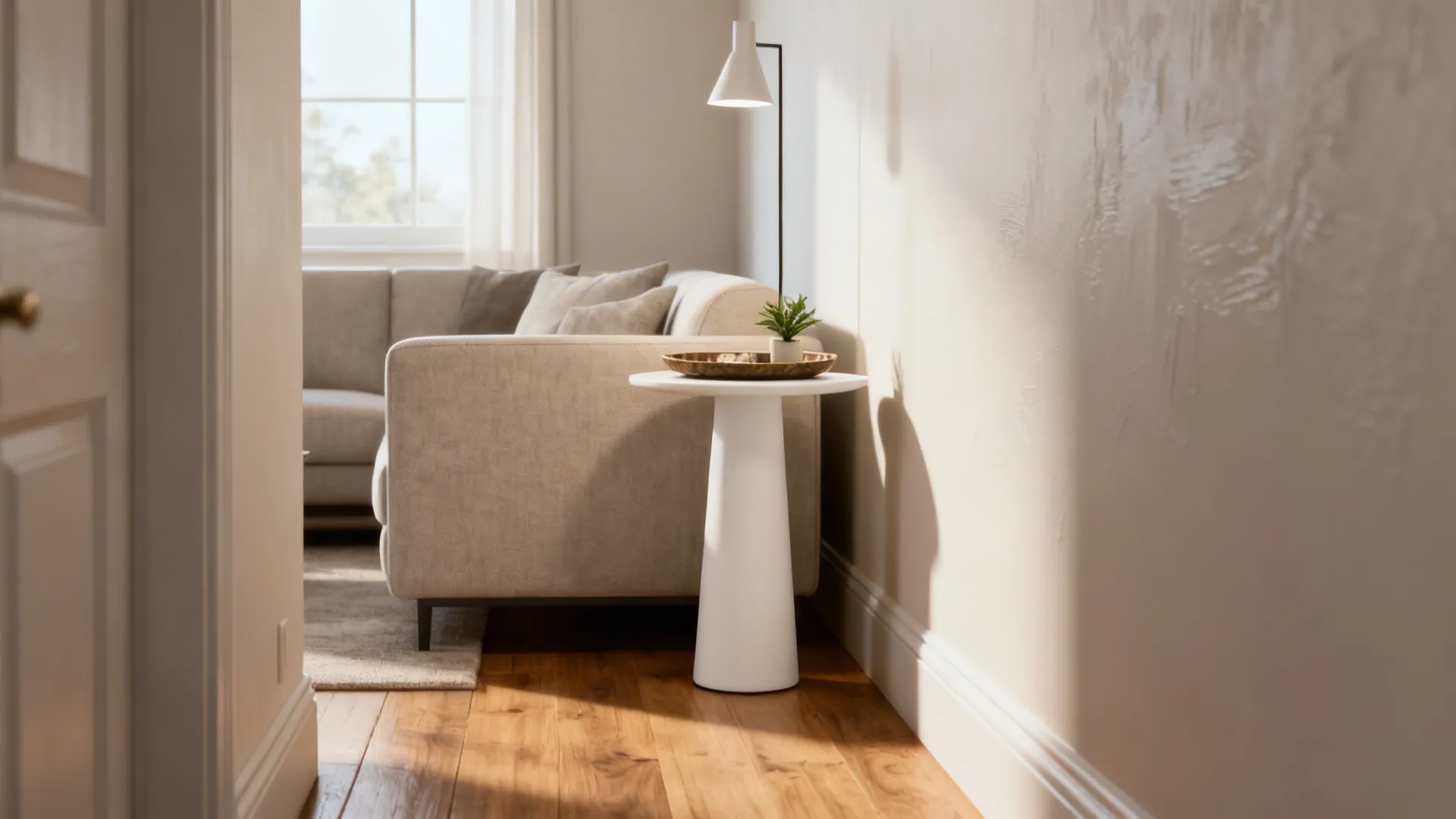 Slim white pedestal end table beside a sofa in a tight walkway with lamp and tray