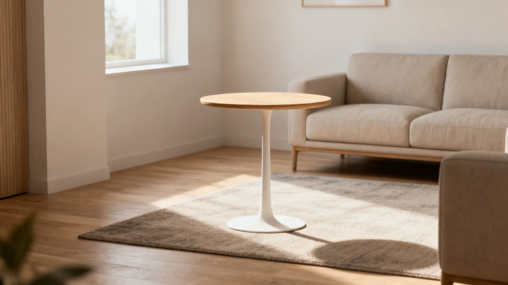 Slim pedestal round coffee table creating airy sightlines in a compact living room.