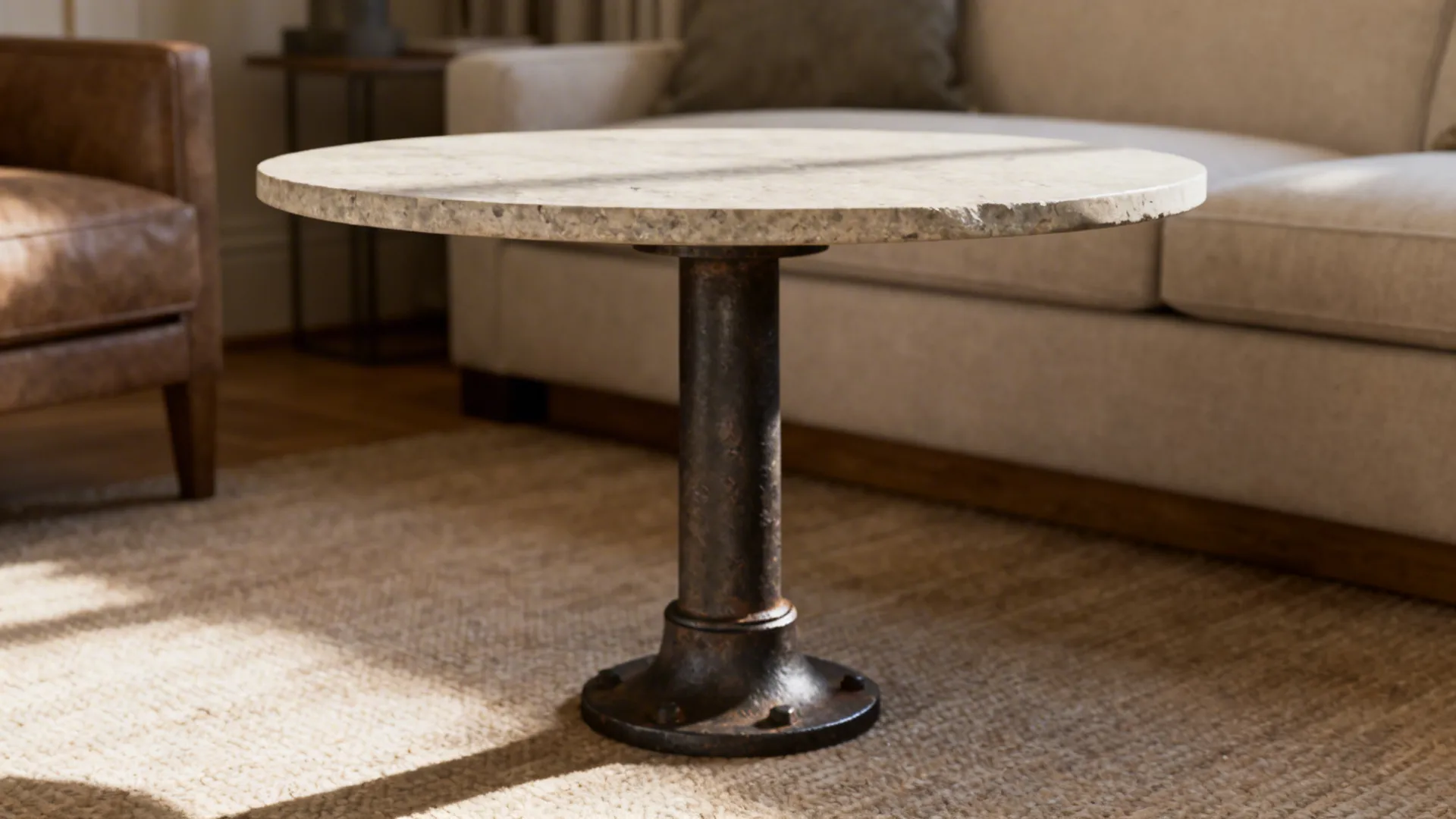 Round stone top coffee table with a dark metal base on a rug near sofa