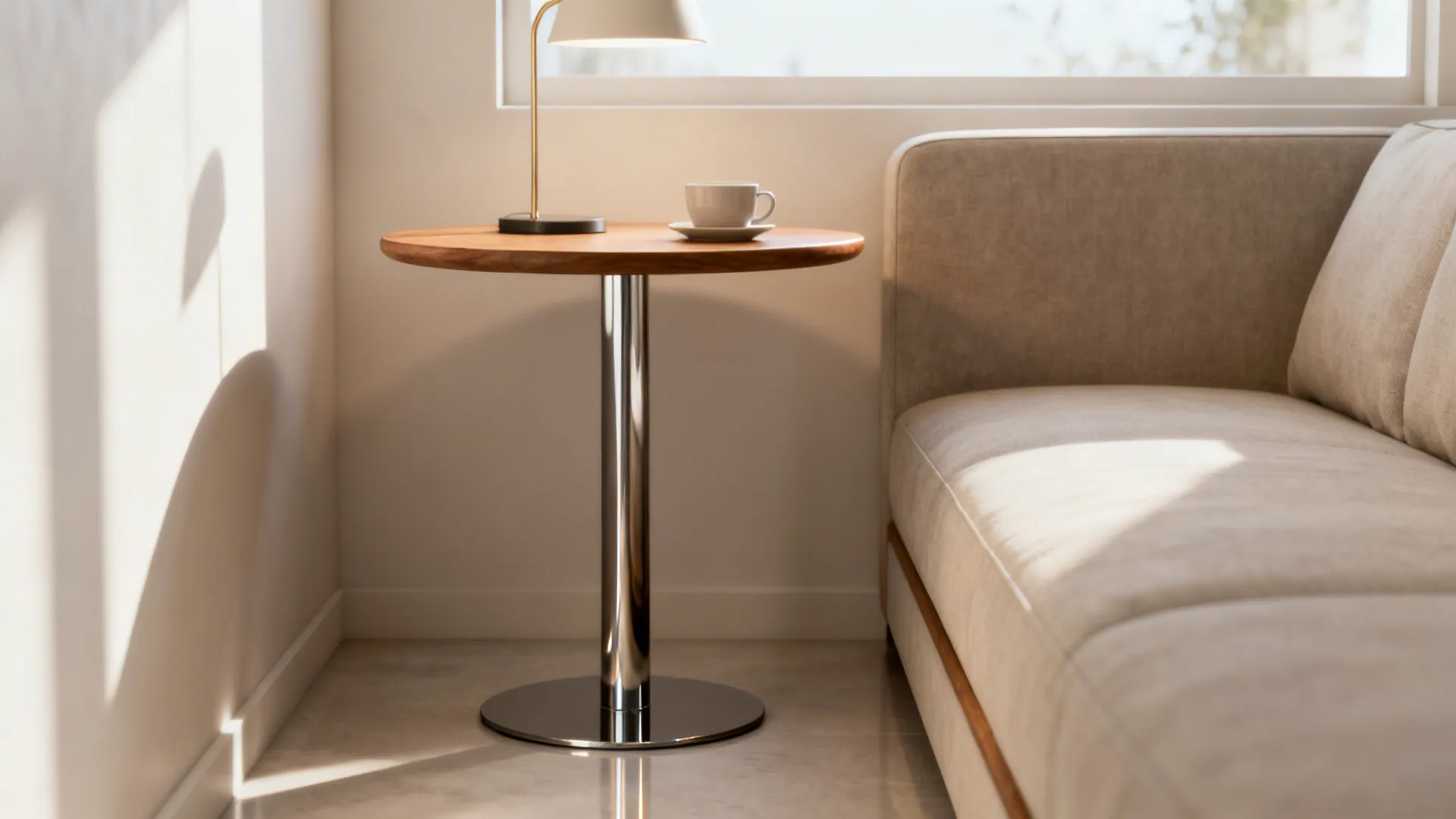 Slim pedestal round end table next to a narrow sofa, with a lamp and cup, bright airy feel.