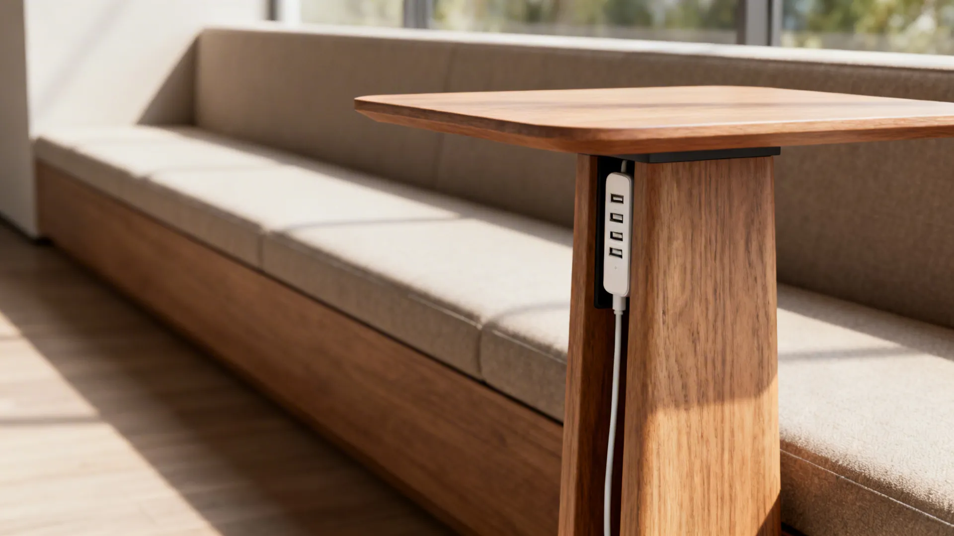Slim pedestal end table with hidden USB hub under the tabletop beside a sofa