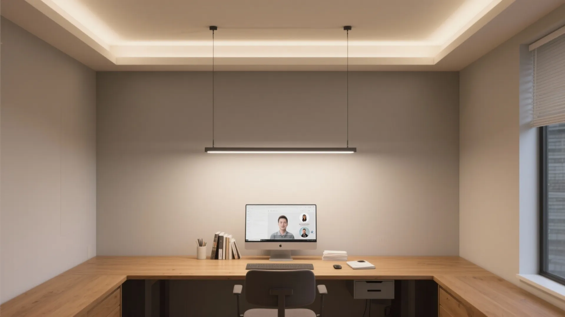 Home office study room with wooden desk computer black ceiling light and soft hidden lighting
