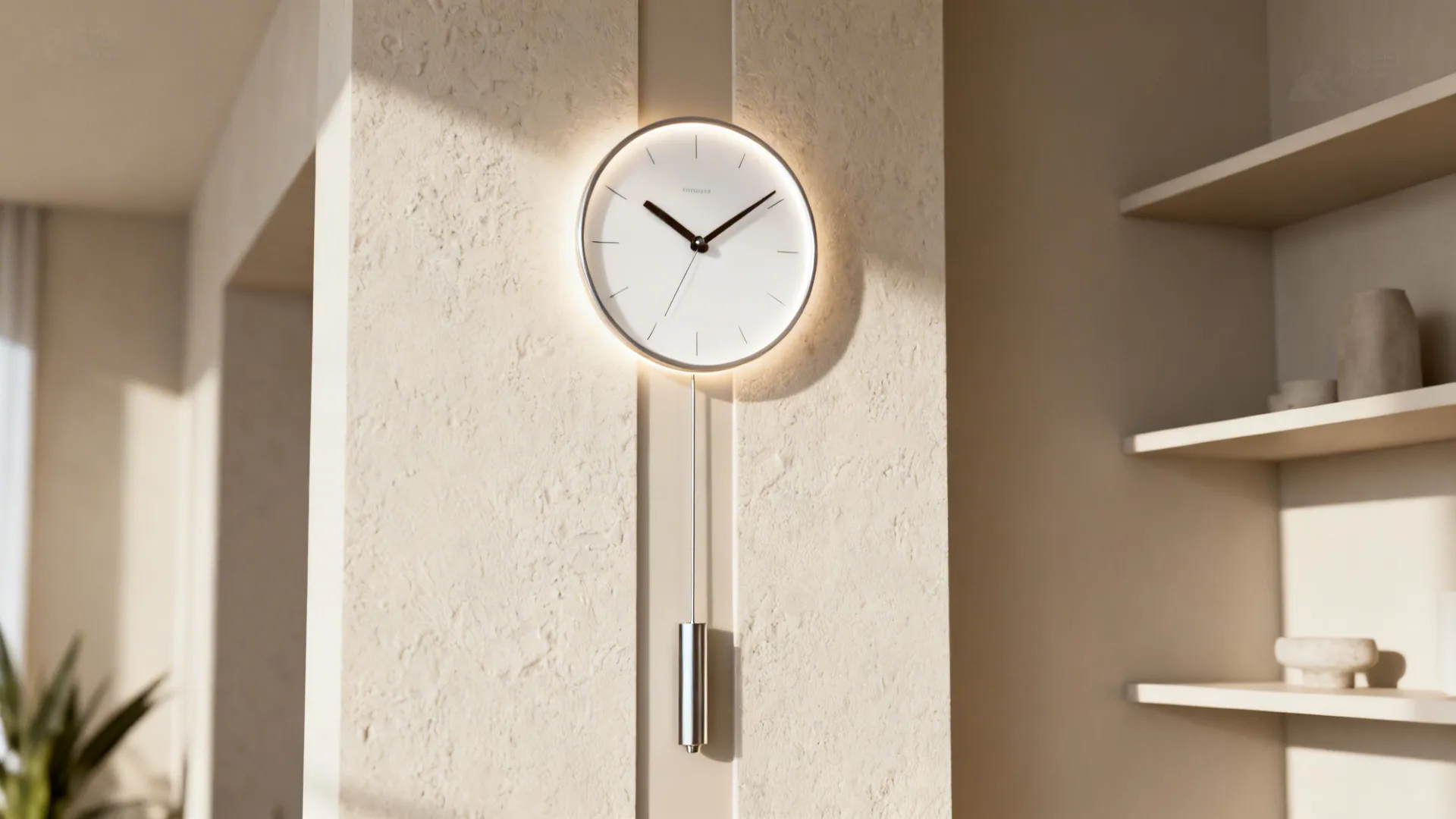 Modern white round wall clock with glowing light and long silver pendulum on textured beige wall
