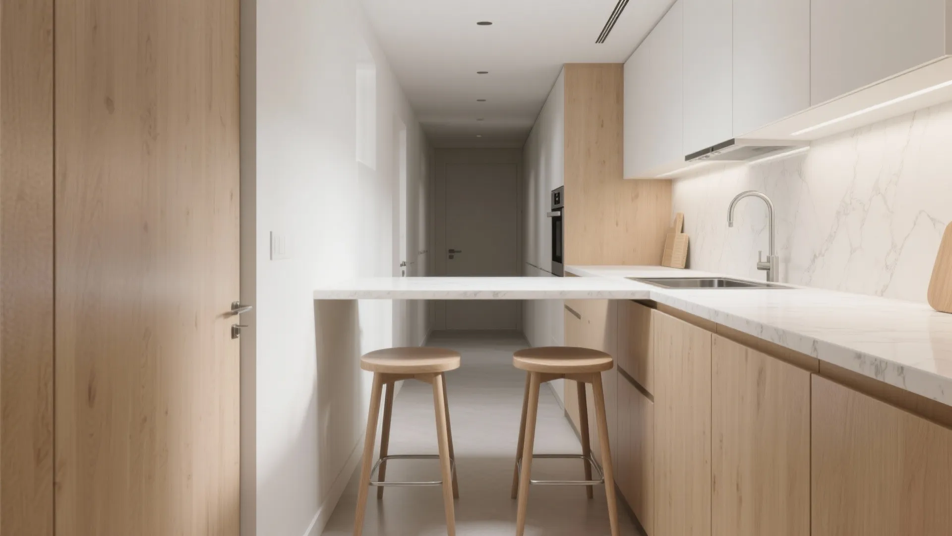 Minimalist narrow kitchen with wood cabinets white countertop two bar stools and a long hallway