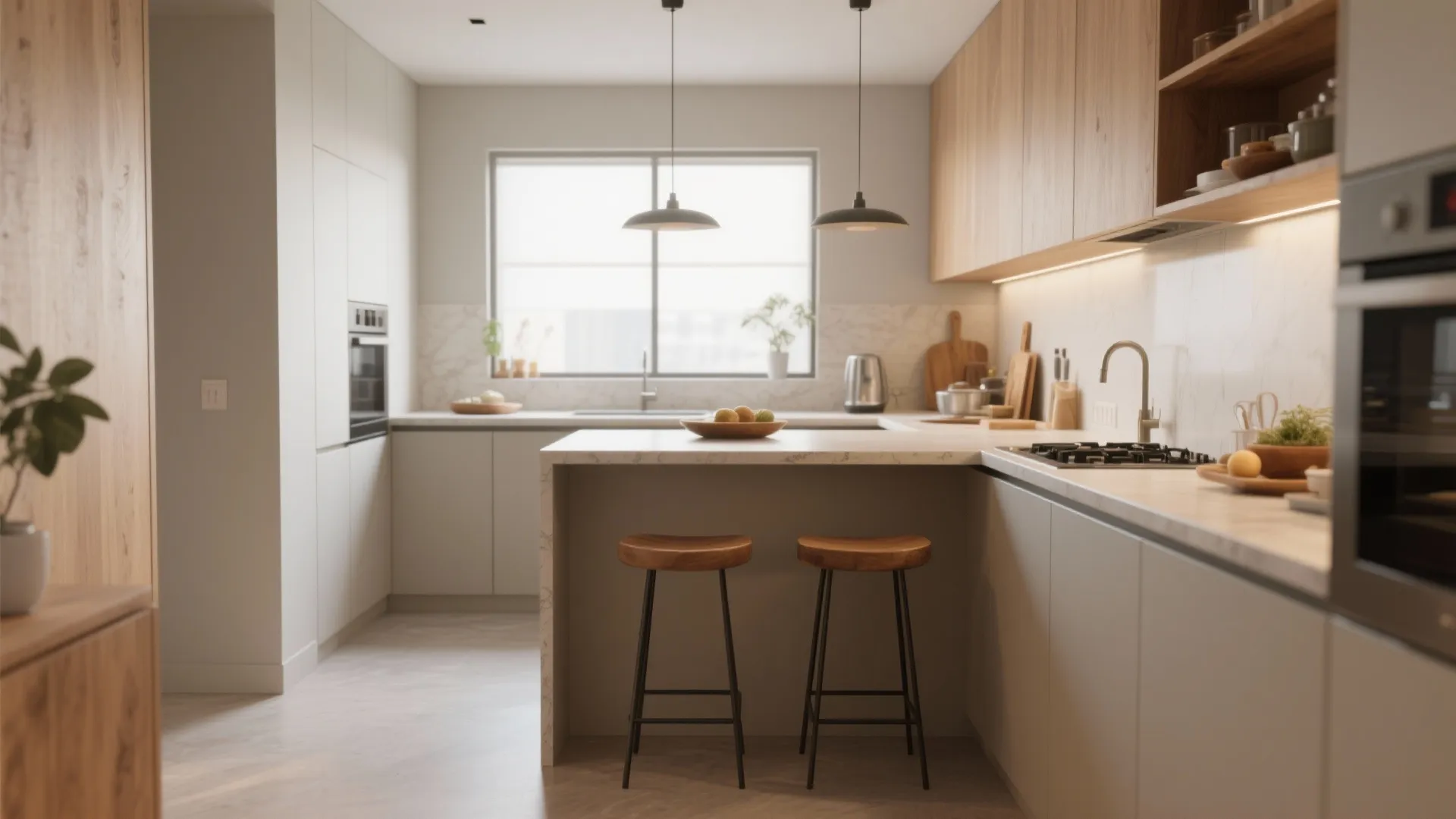 Bright kitchen with island counter two wooden stools black ceiling lights and wood finish cabinets