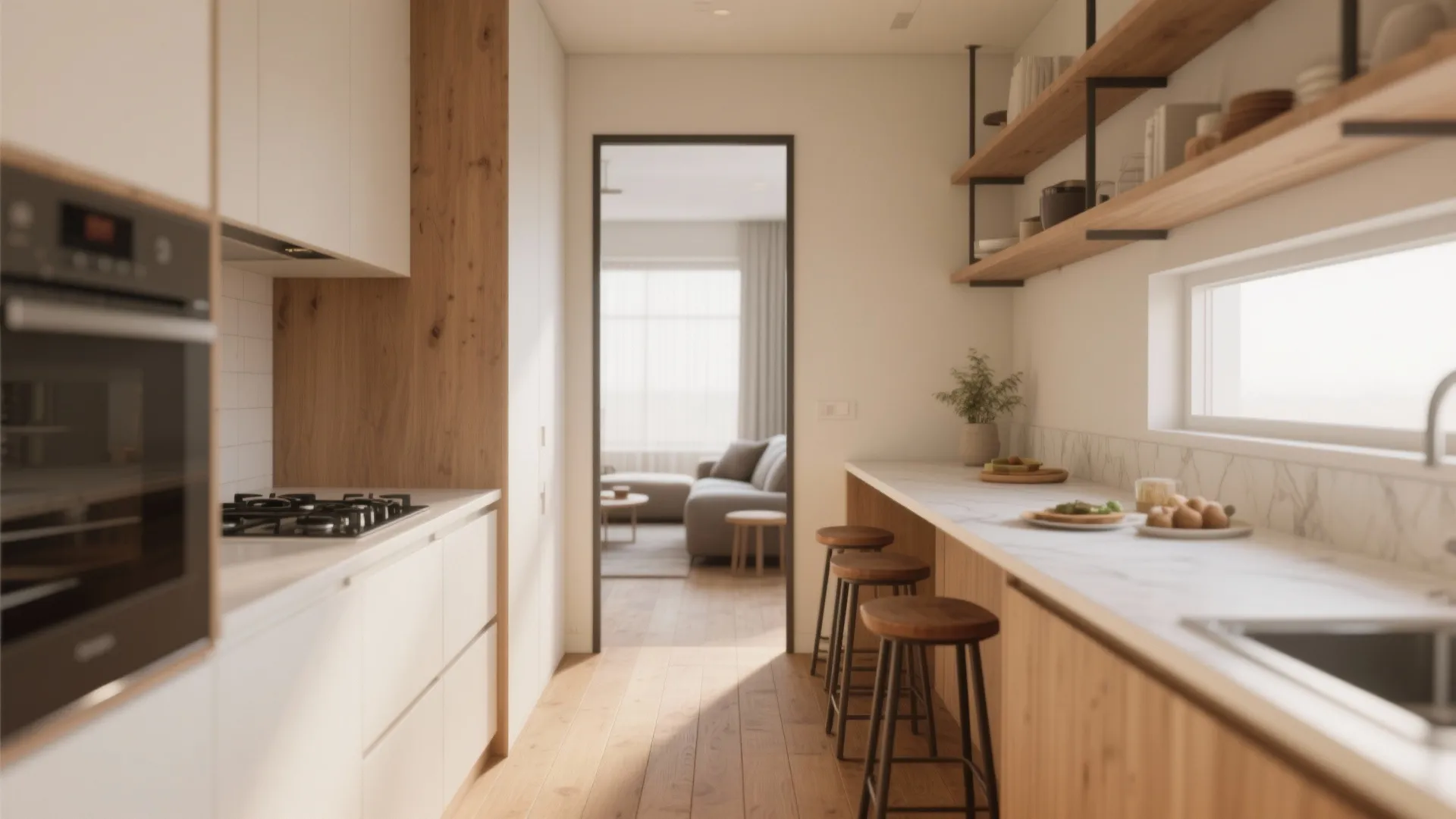 Narrow galley kitchen with a shallow peninsula, tuck-away stools, and open shelving connecting to the living area.