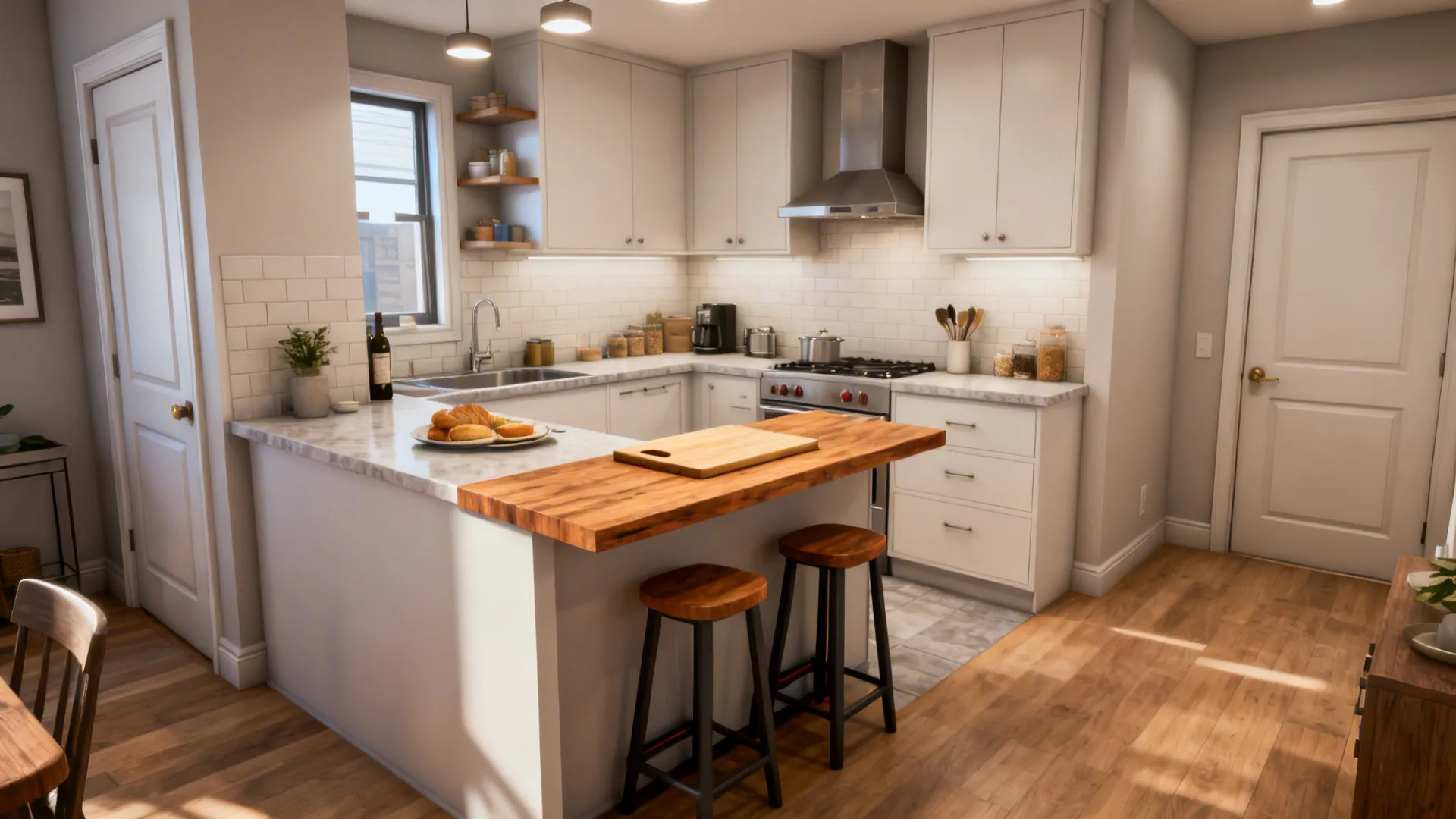 Slim peninsula breakfast bar extending from the counter with stools and chopping area