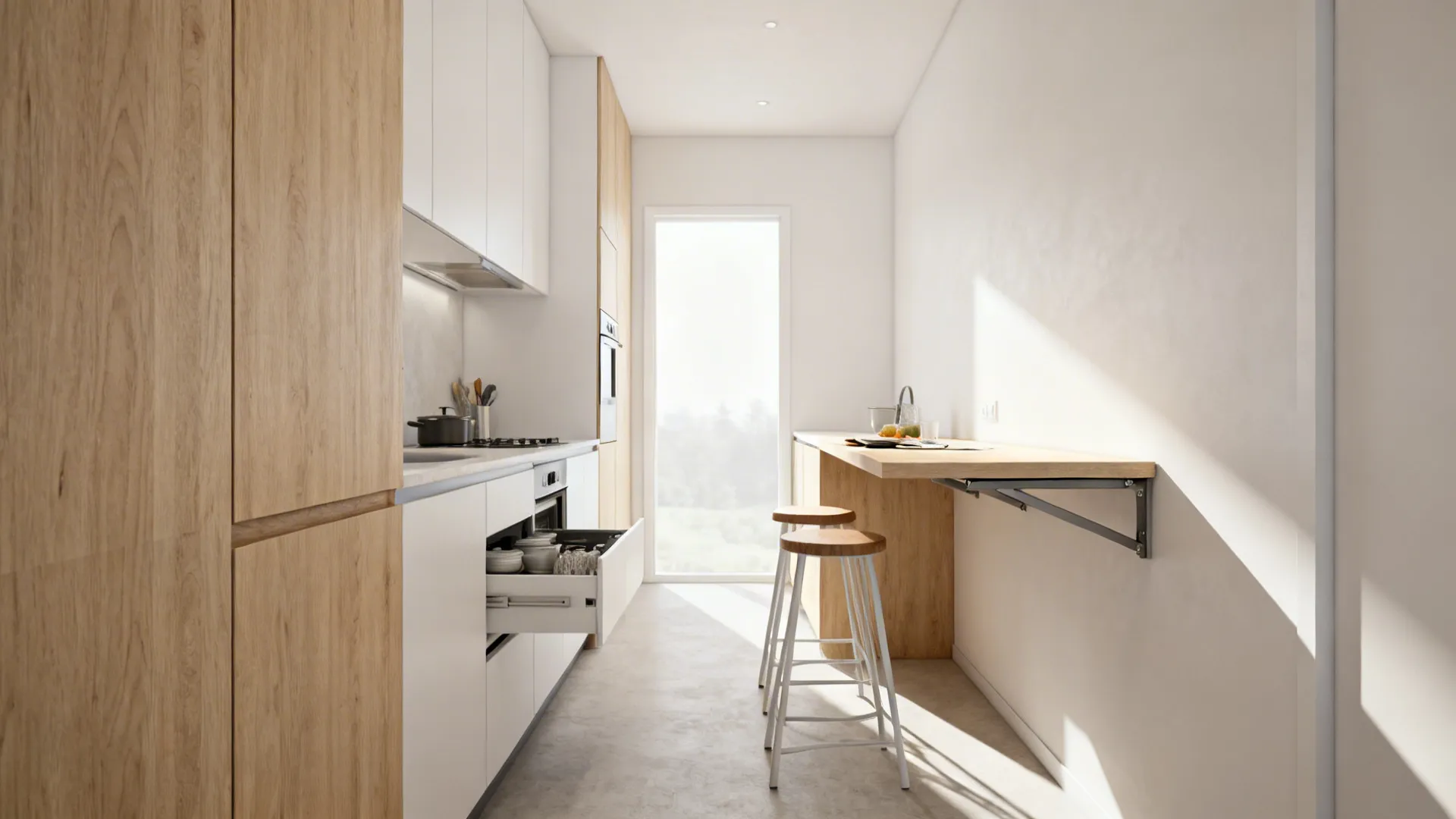 Narrow kitchen with a slim peninsula and a fold-down table providing seating and prep space