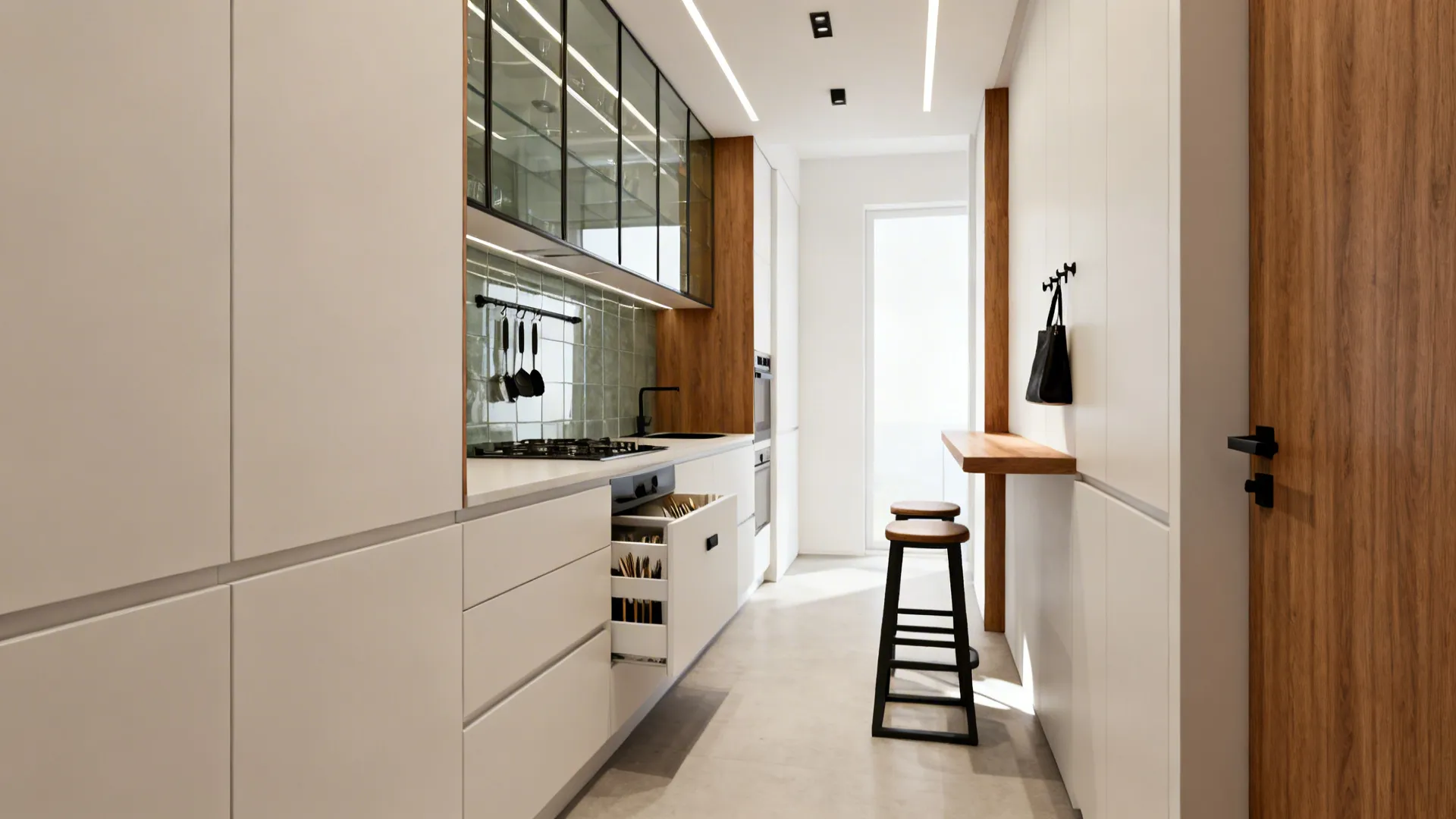Slim peninsula bar with shallow drawers, hooks, and two stools preserving a clear aisle.