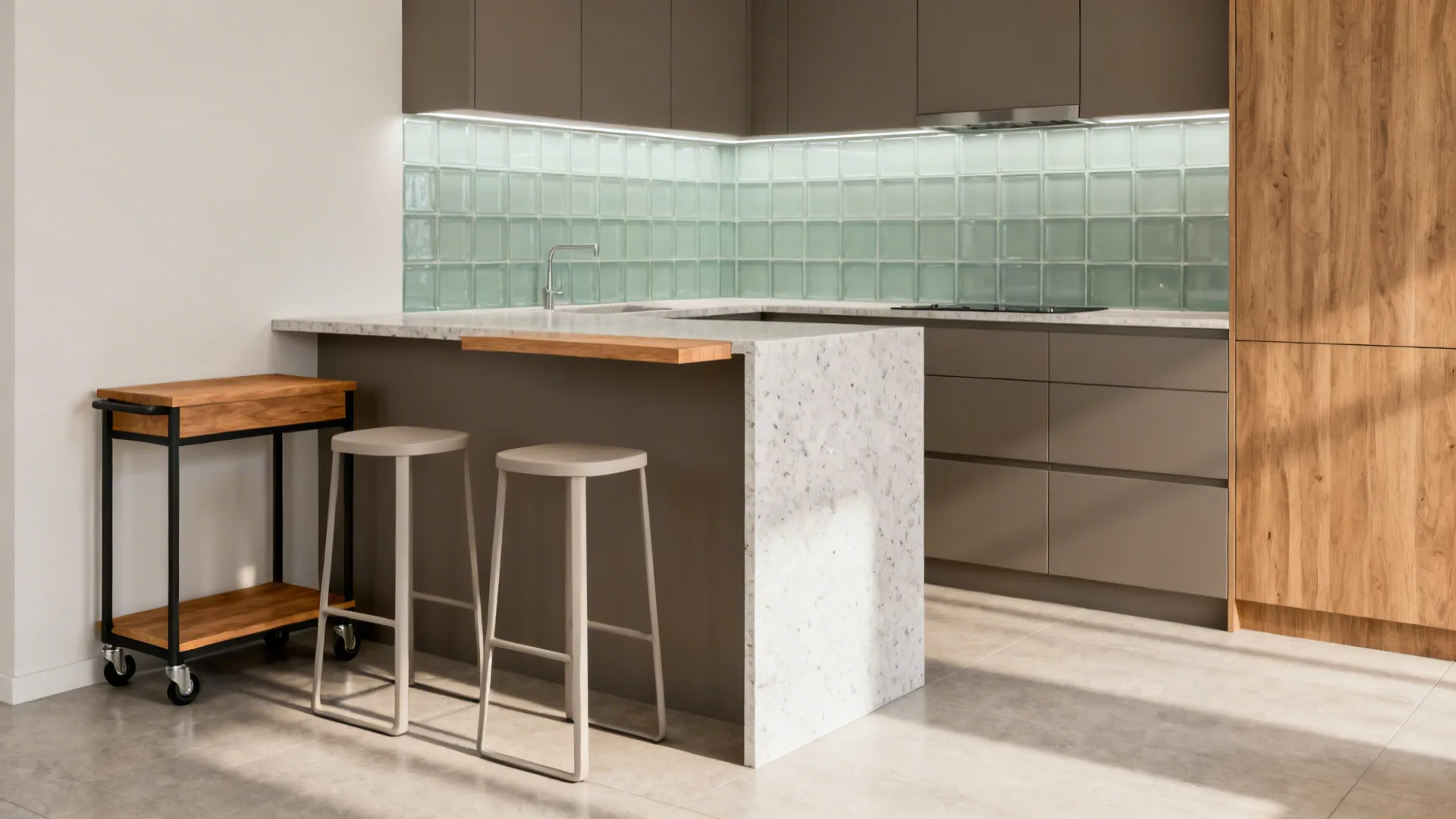 Slim peninsula with two stools and a compact rolling cart preserving clear aisle space in a small kitchen.