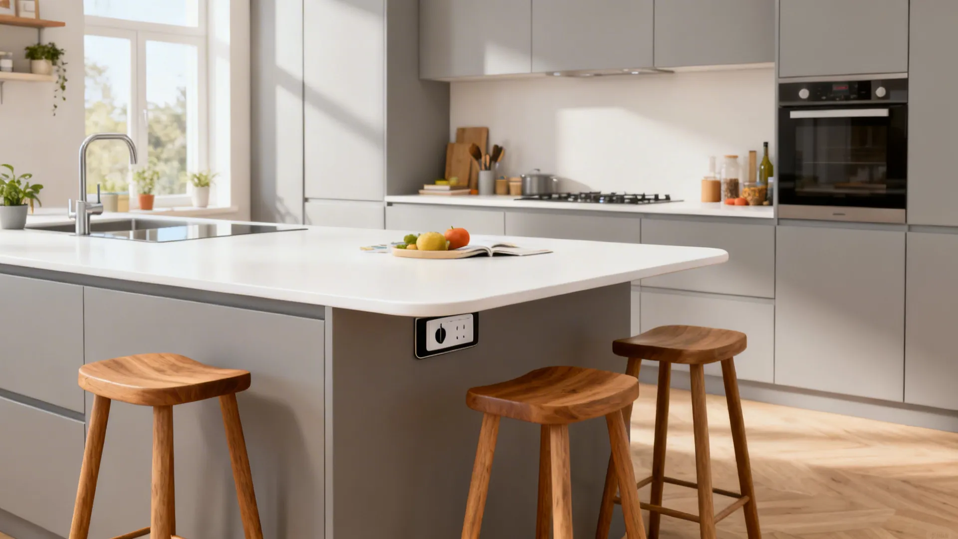 Slim peninsula with rounded edge and stools adds work and dining space in a narrow kitchen.