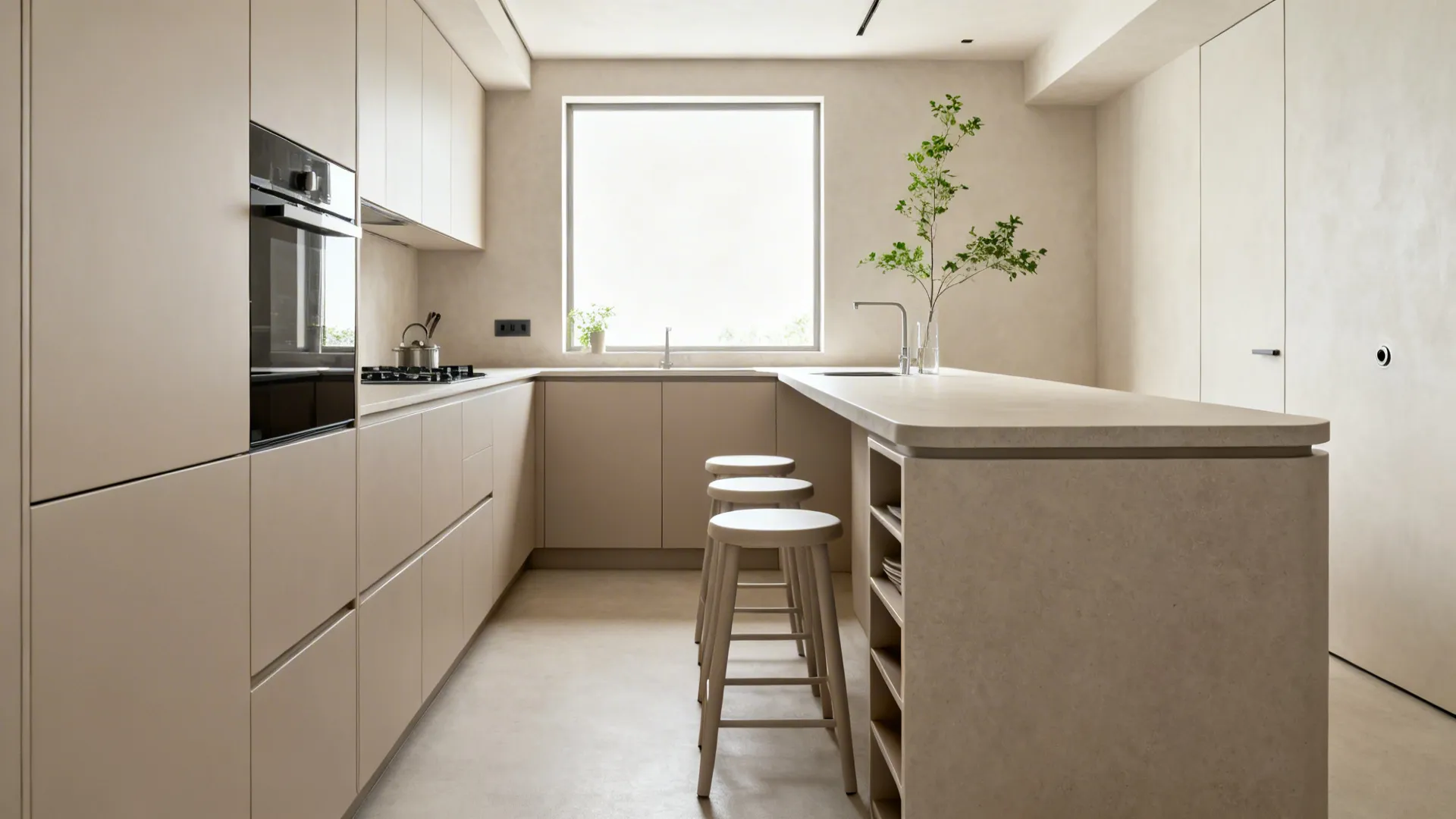 Slim peninsula in a narrow kitchen with reinforced overhang and clear aisle space for circulation.