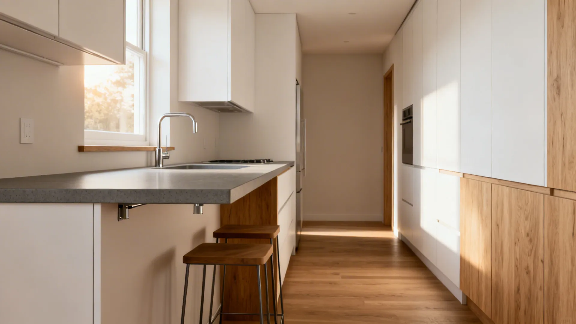 Slim peninsula with 14-inch quartz overhang and two stools tucked under in a bright galley kitchen.