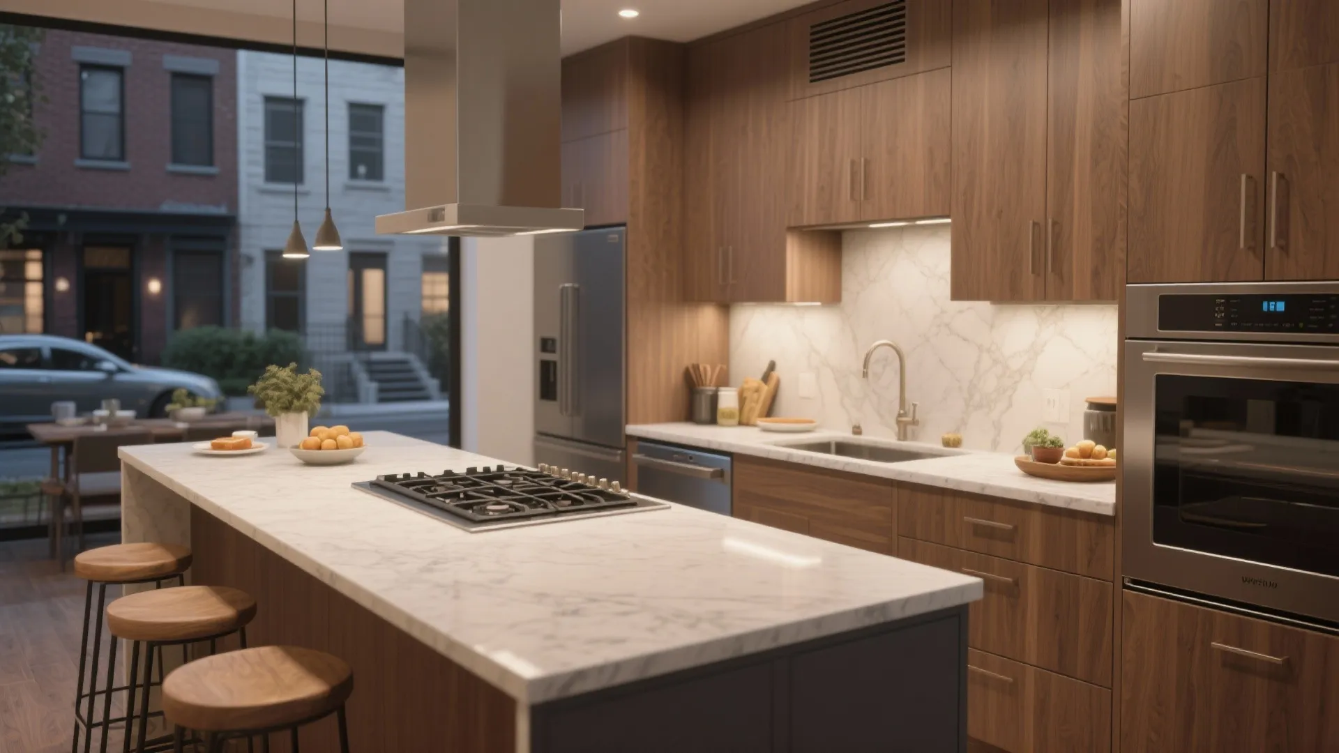 Townhouse kitchen with a slim peninsula and built-in cooktop and breakfast bar.
