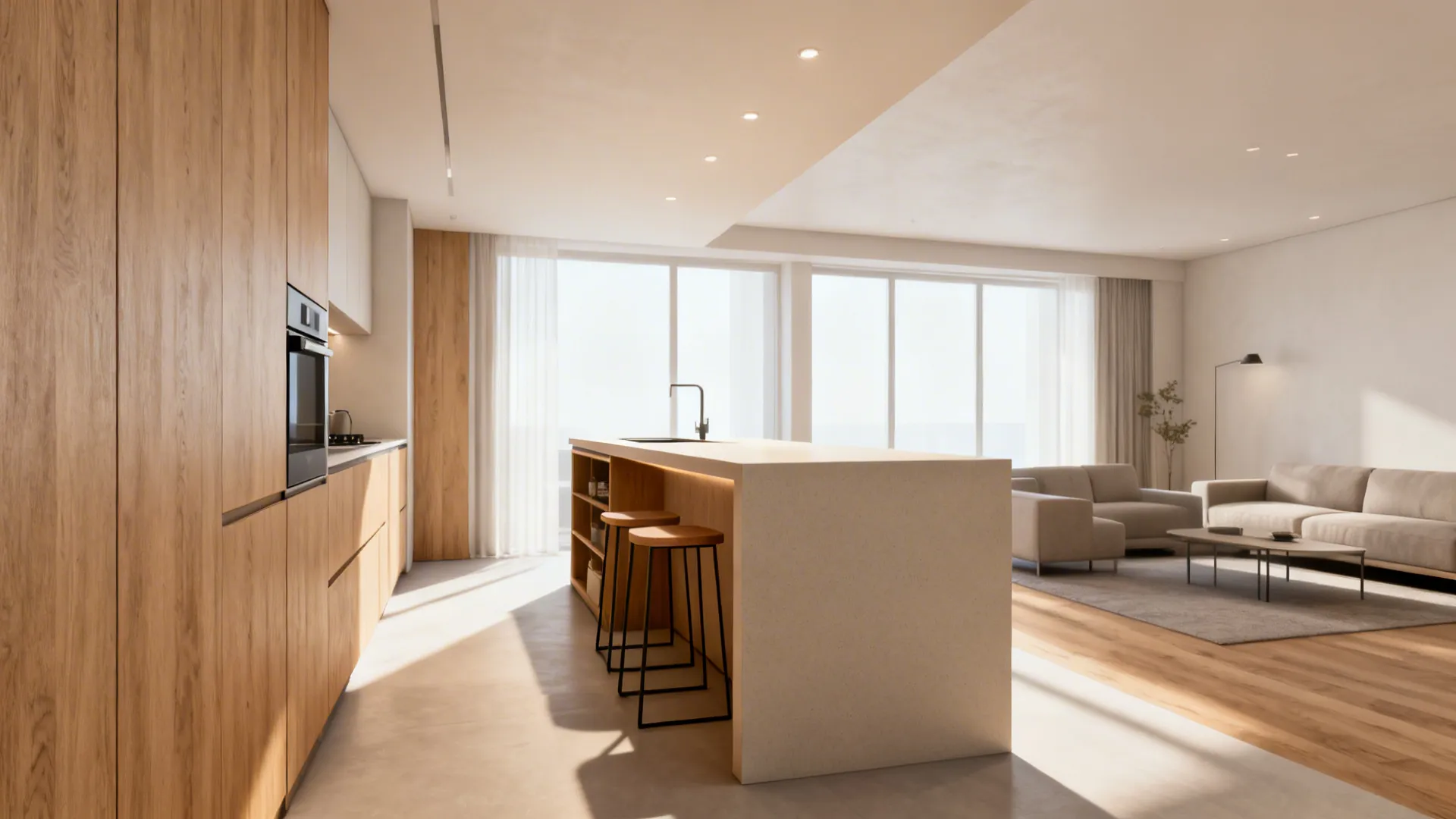 Slim peninsula with a 10-inch overhang and two stools in a small studio kitchen.