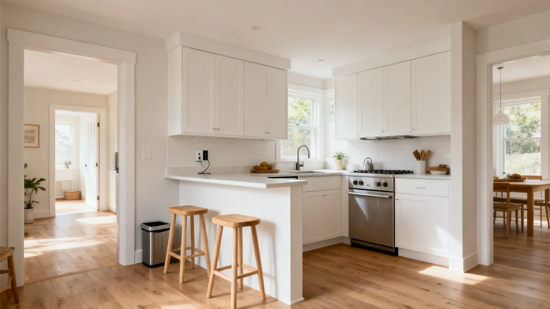 8x11 kitchen with a slim peninsula for two, clear aisles, and integrated storage.