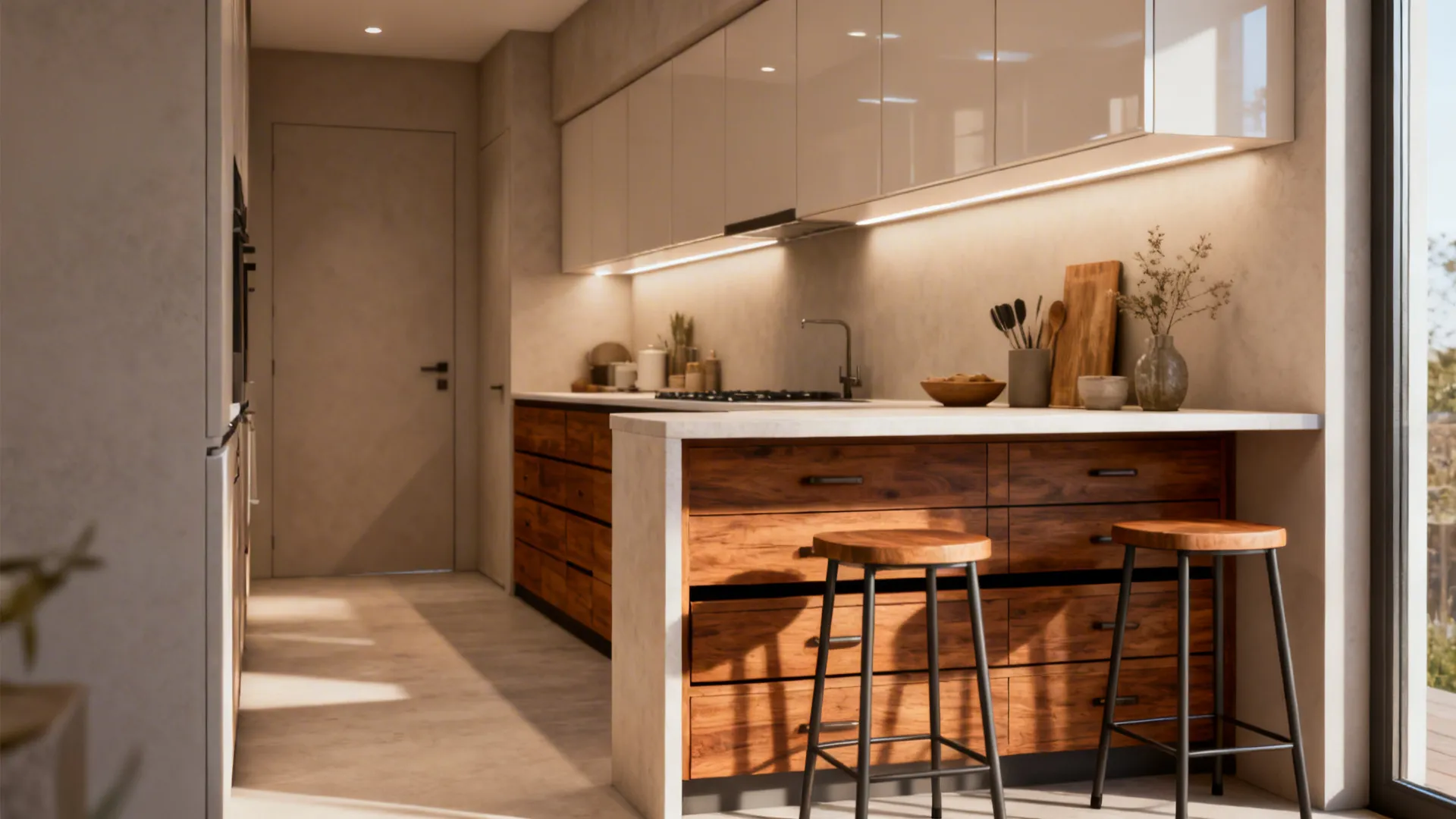 Compact kitchen with a slim peninsula that provides prep surface, seating, and deep storage drawers