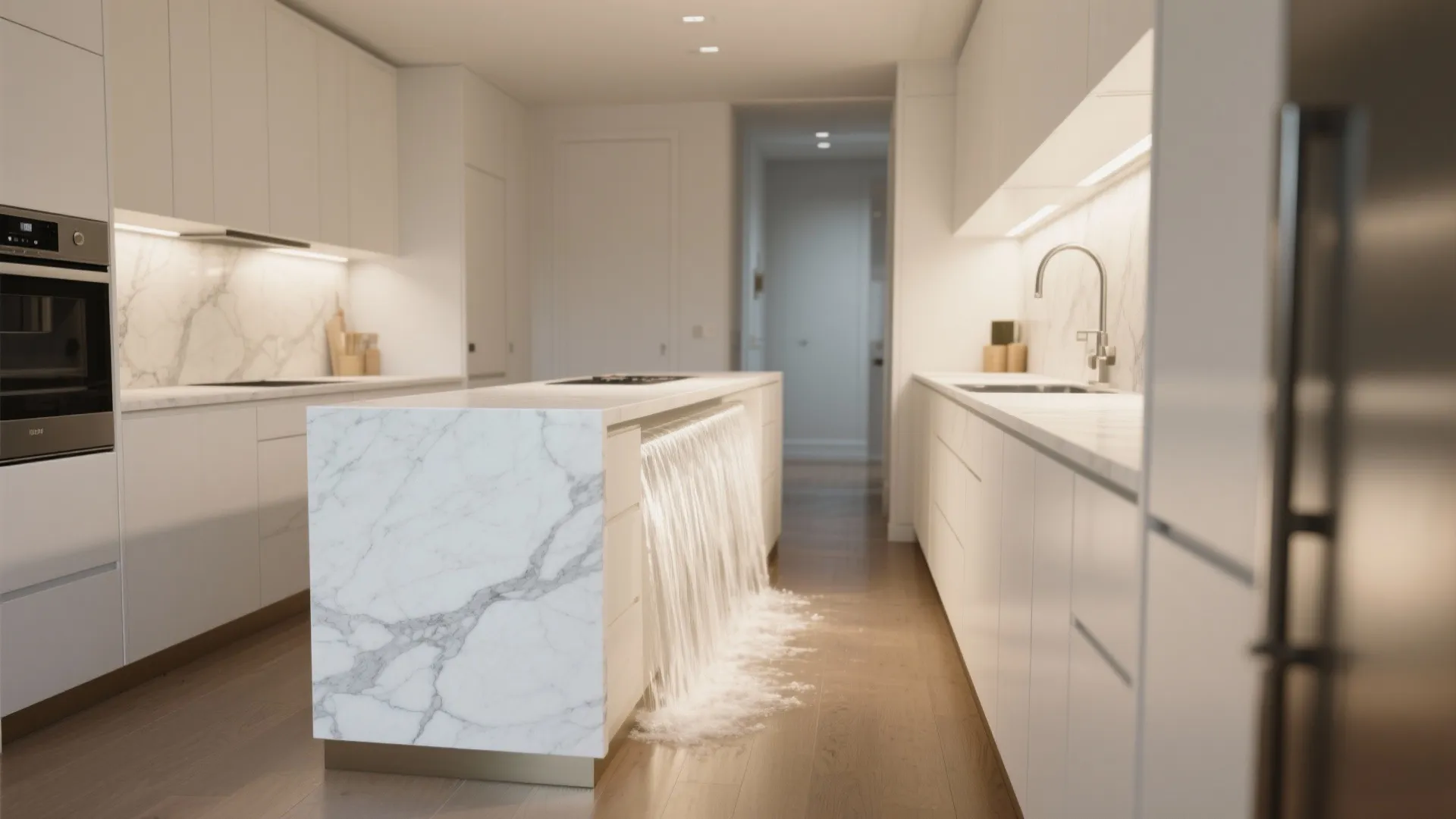 Modern white kitchen featuring marble island with waterfall water effect and integrated appliances with cabinets