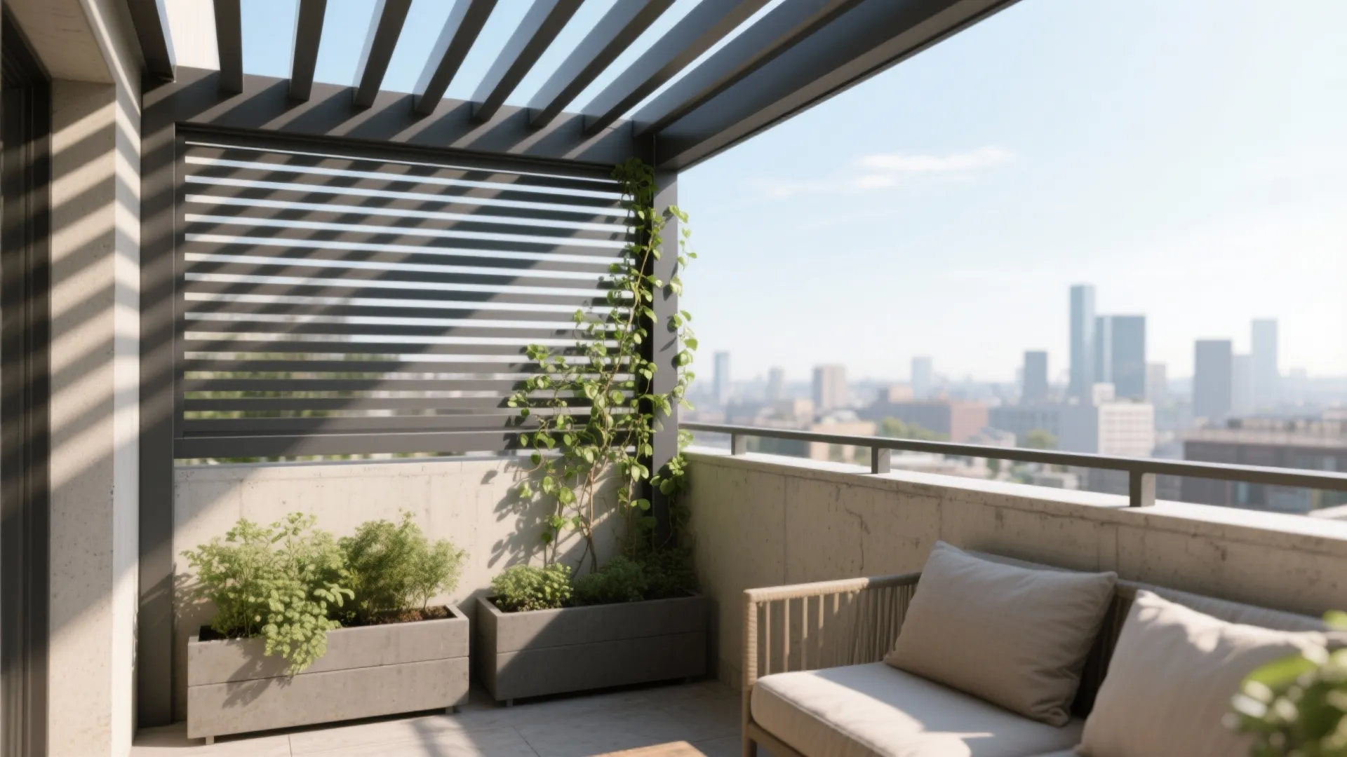 Modern balcony with black metal roof slats, comfortable sofa, green plants, and clear city skyline