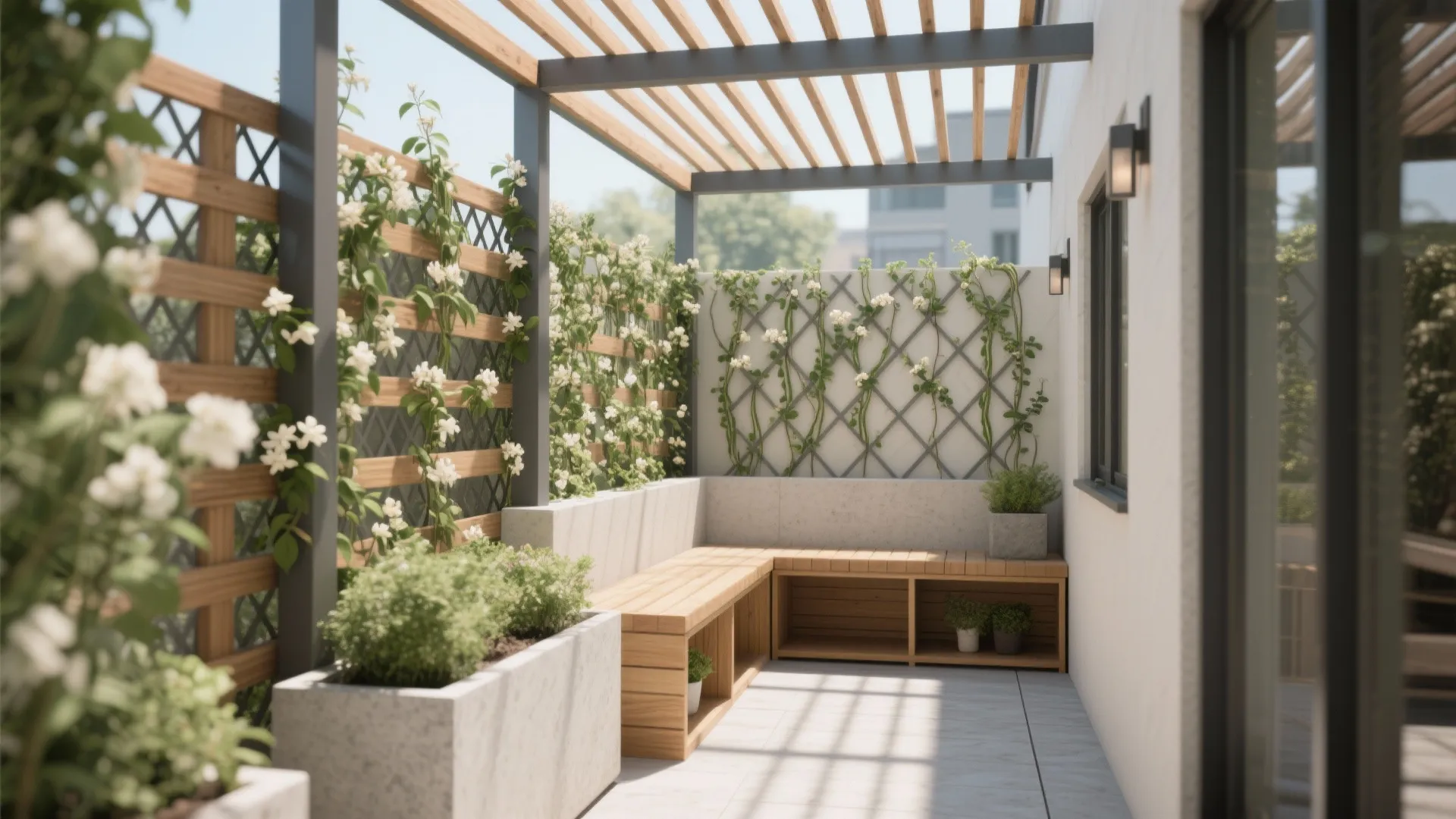 Outdoor patio with wooden pergola over a corner bench and white climbing flowers on trellis