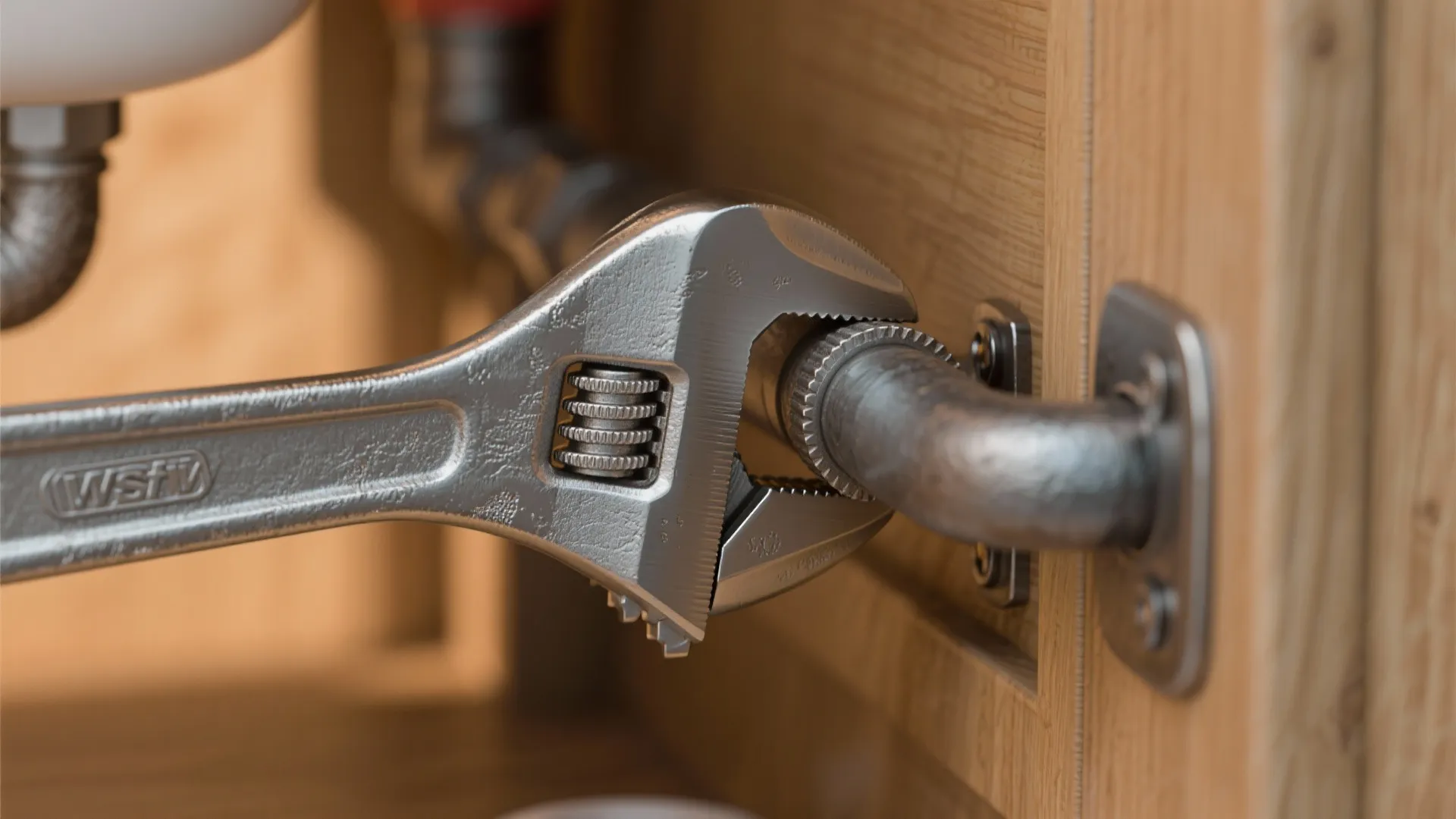 Macro close-up of a slim adjustable pipe wrench gripping a pipe inside a shallow cabinet.